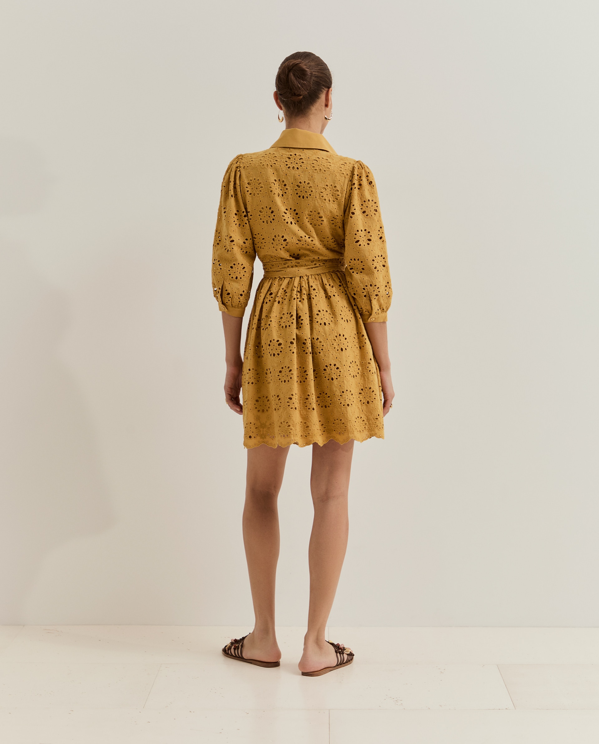 Vestido de Algodão de Manga Comprida Amarelo-3