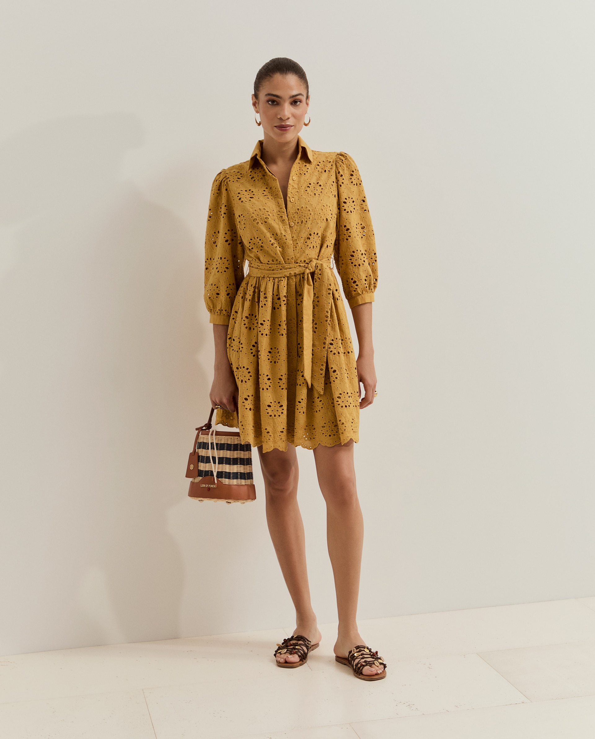 Vestido de Algodão de Manga Comprida Amarelo-4