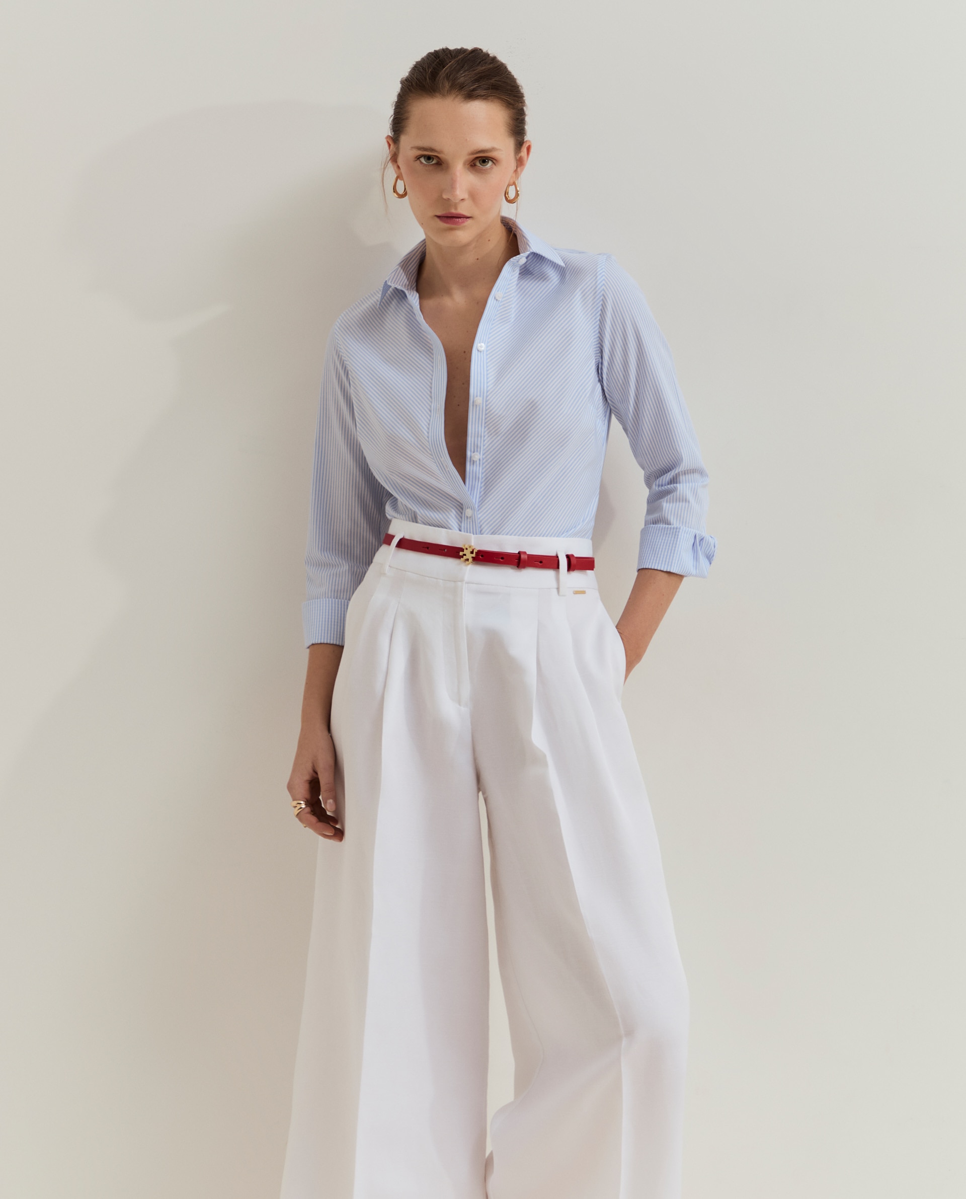 Camisa regular fit às riscas em algodão Azul-2