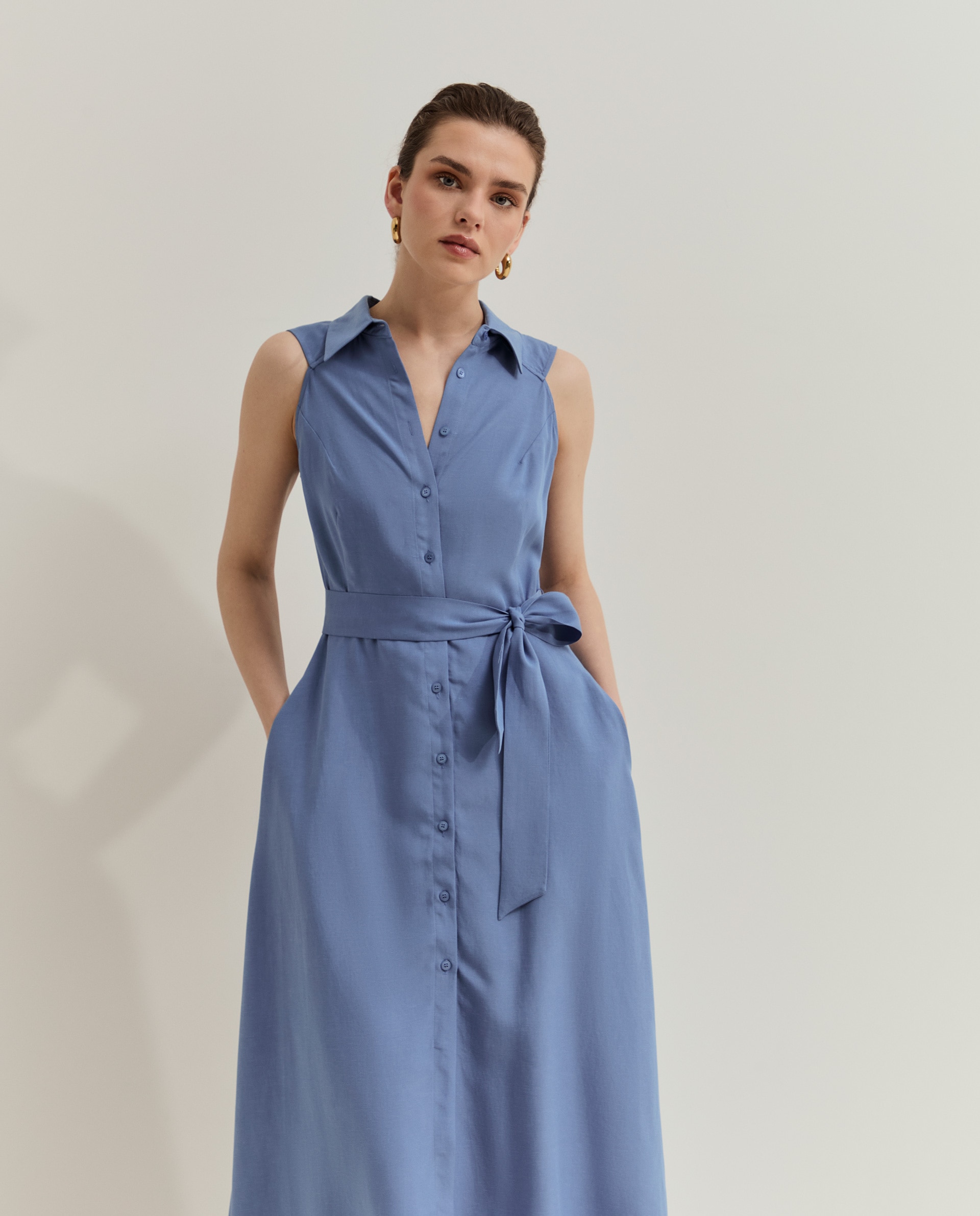 Vestido Tipo Camisa sem Mangas Azul-2