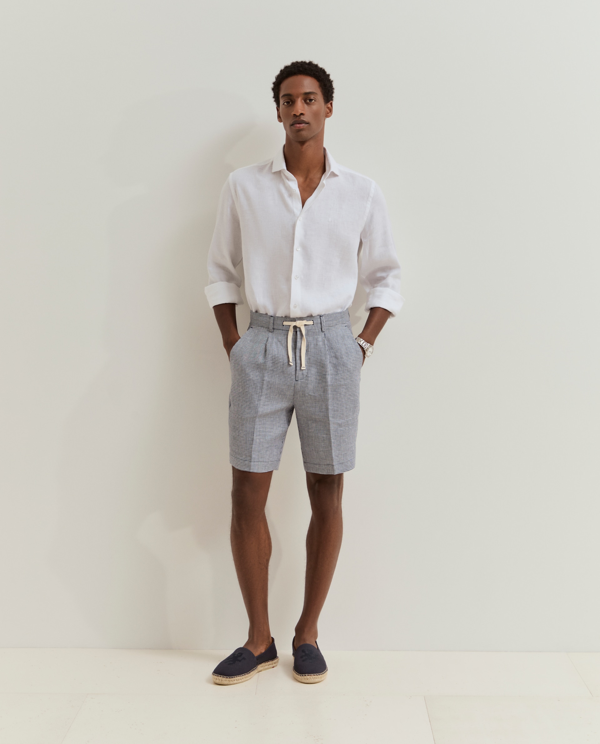 Calções de Linho com Estampado de Pied-de-poule Azul-marinho-2