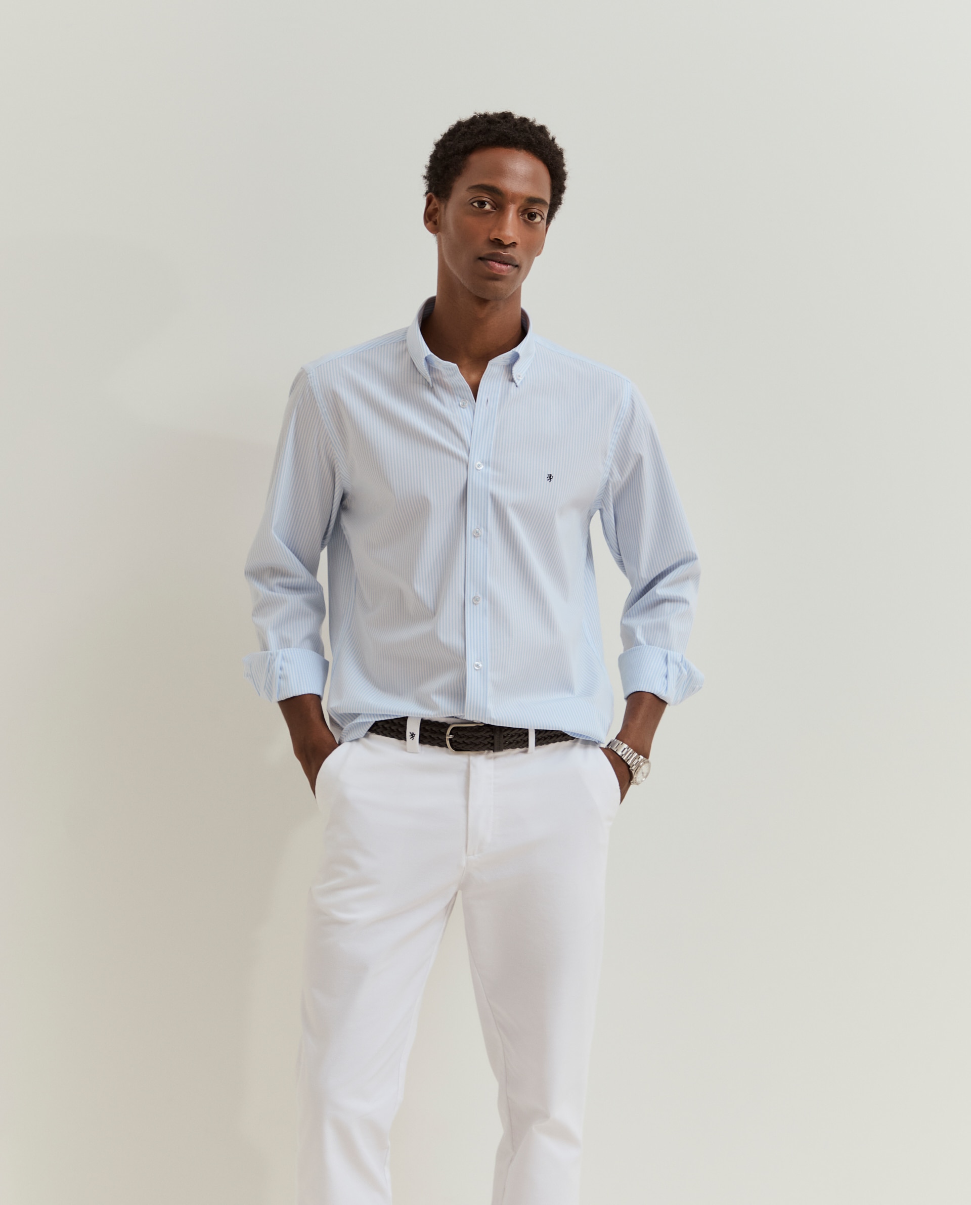 Camisa regular fit em algodão às riscas Azul-1