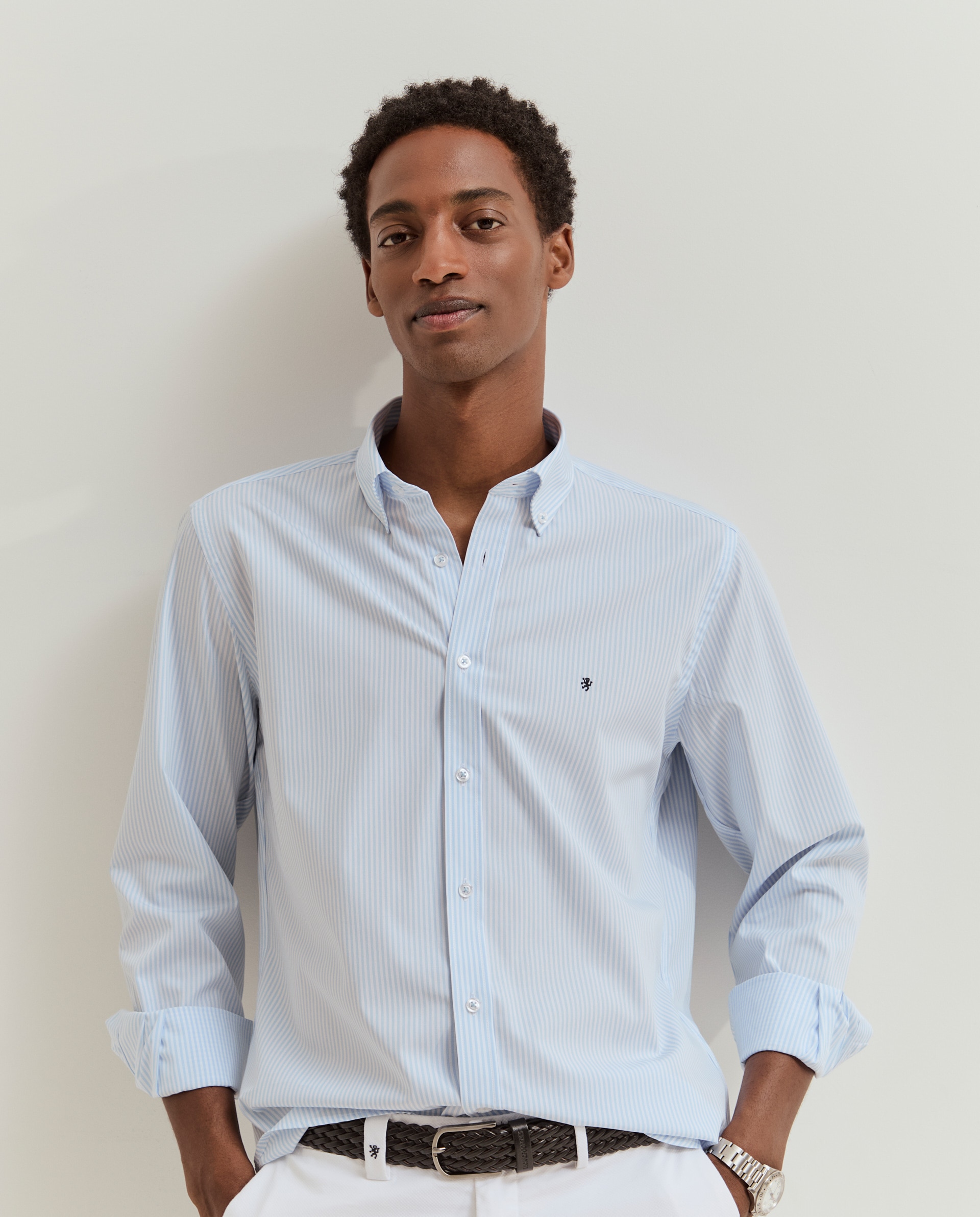 Camisa regular fit em algodão às riscas Azul-2