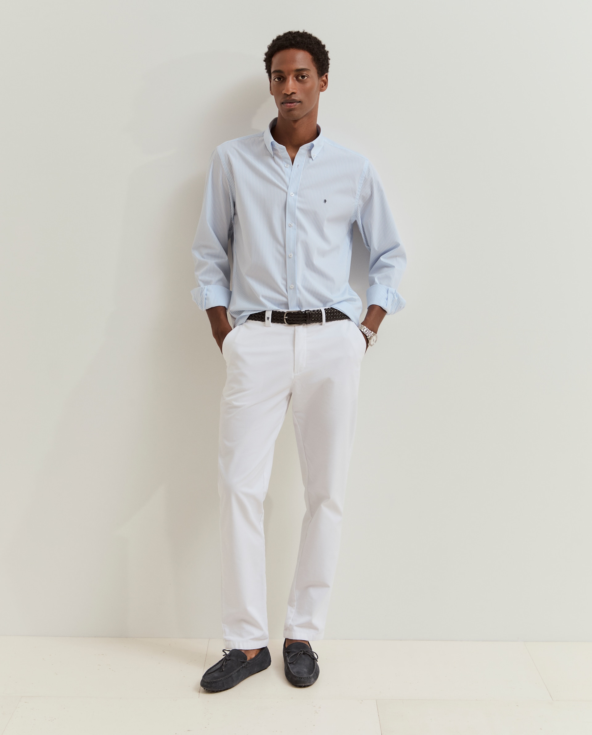 Camisa regular fit em algodão às riscas Azul-4