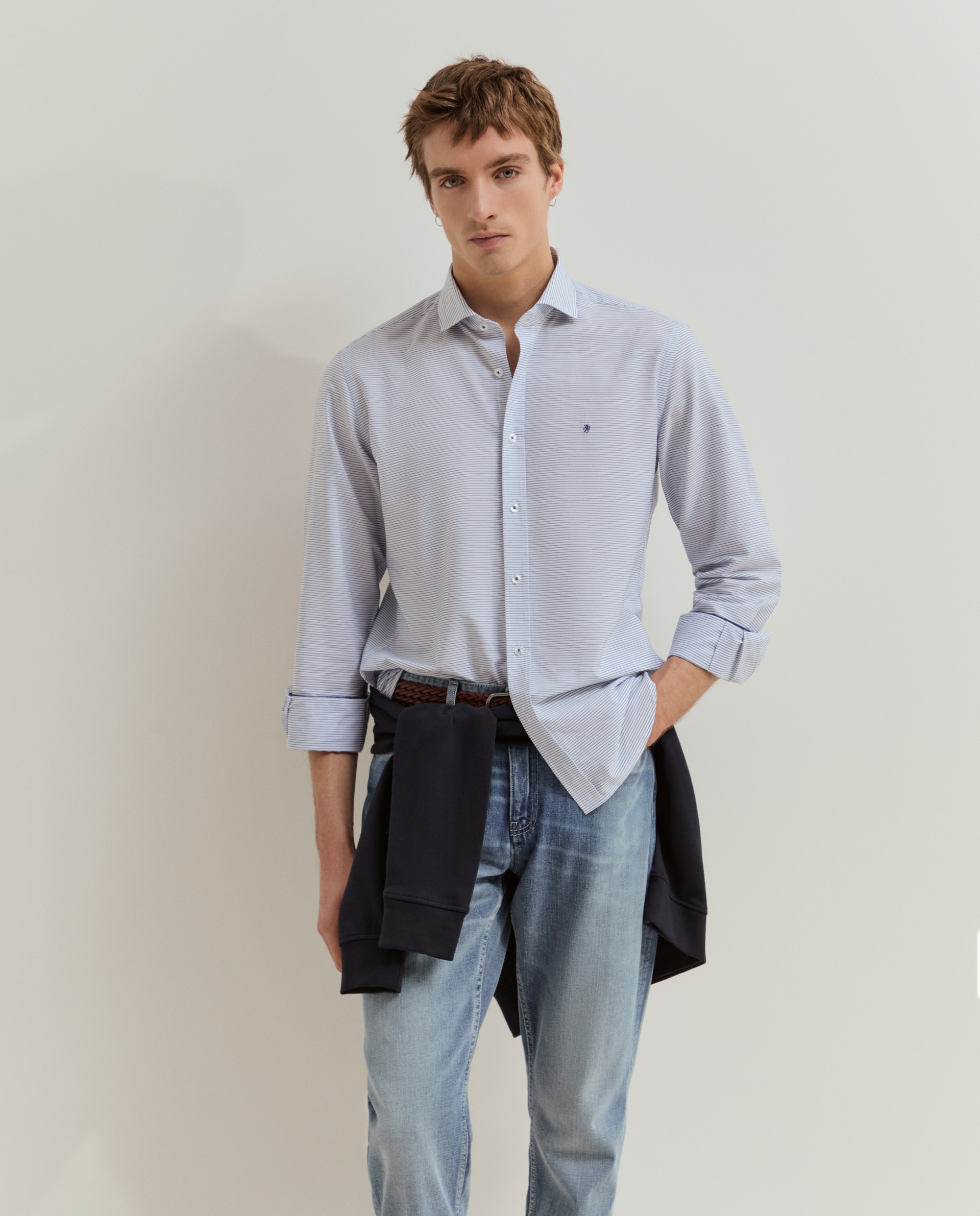 Camisa slim fit de algodão às riscas Azul-1