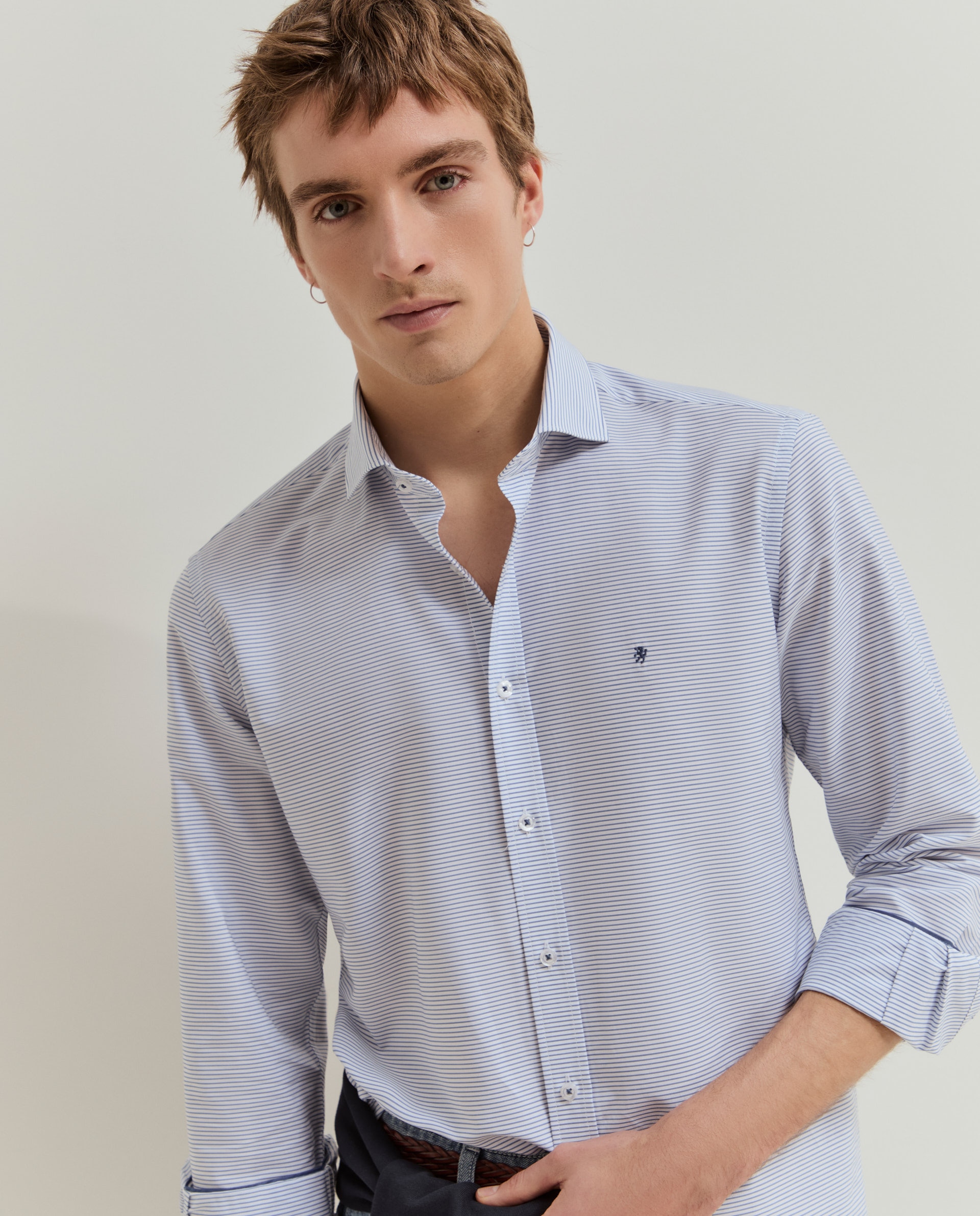 Camisa slim fit de algodão às riscas Azul-2