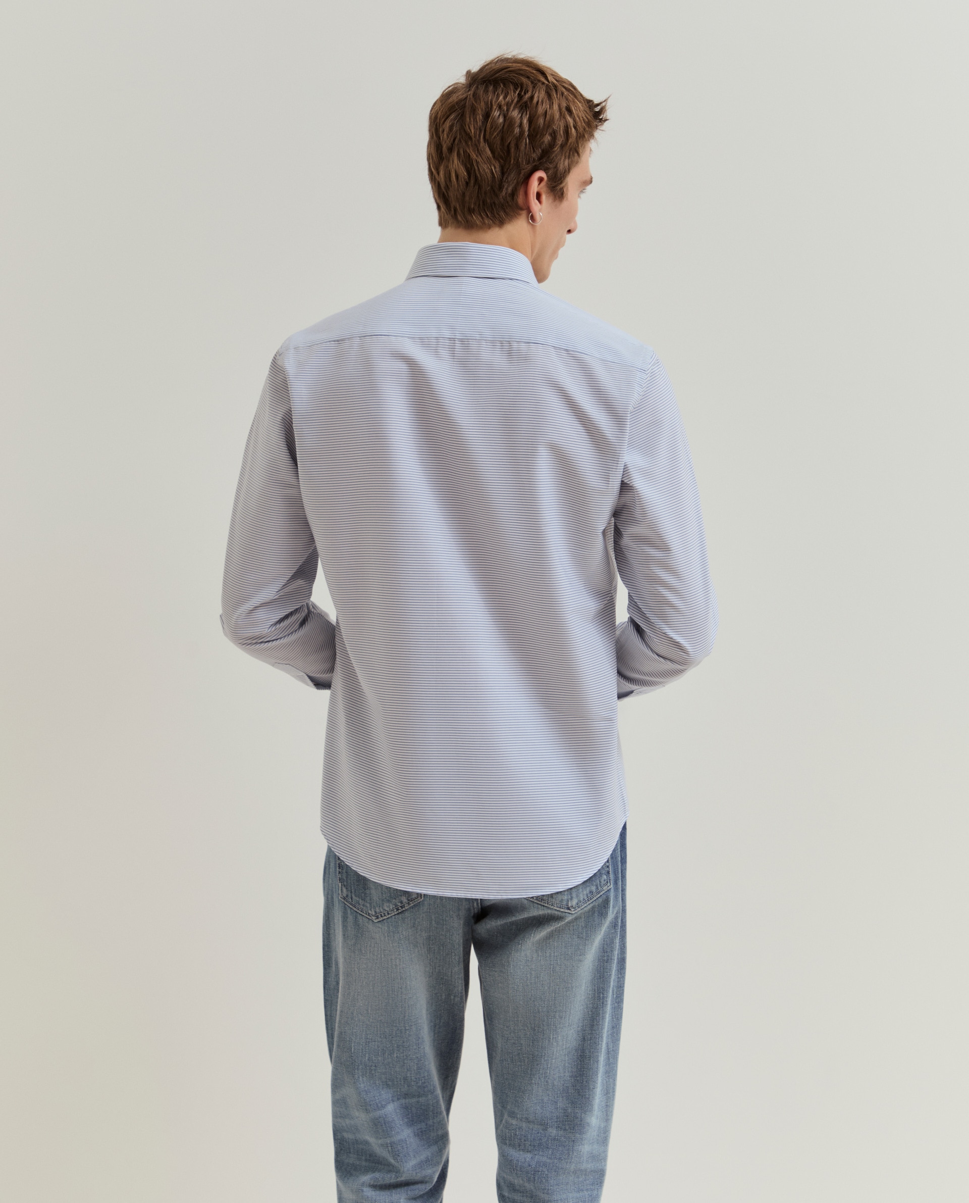 Camisa slim fit de algodão às riscas Azul-3