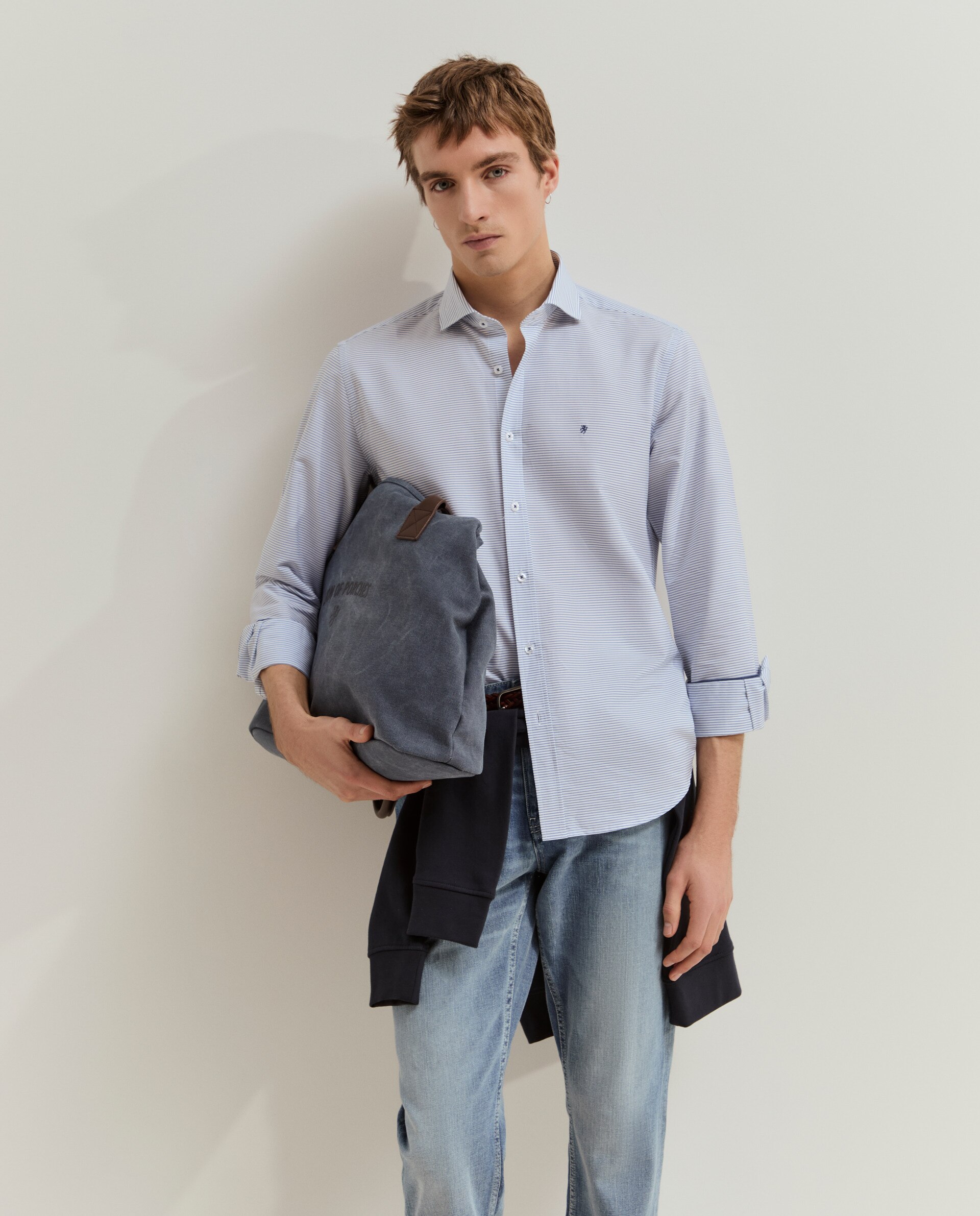 Camisa slim fit de algodão às riscas Azul-4