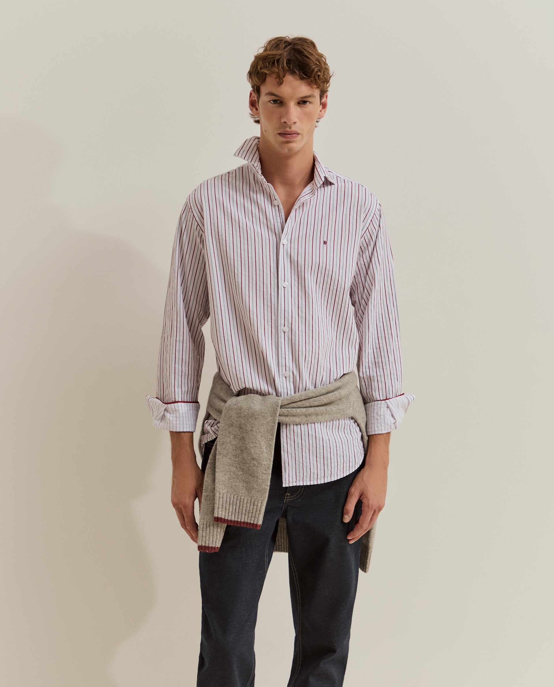 Camisa de Corte Regular Às Riscas Vermelho-4