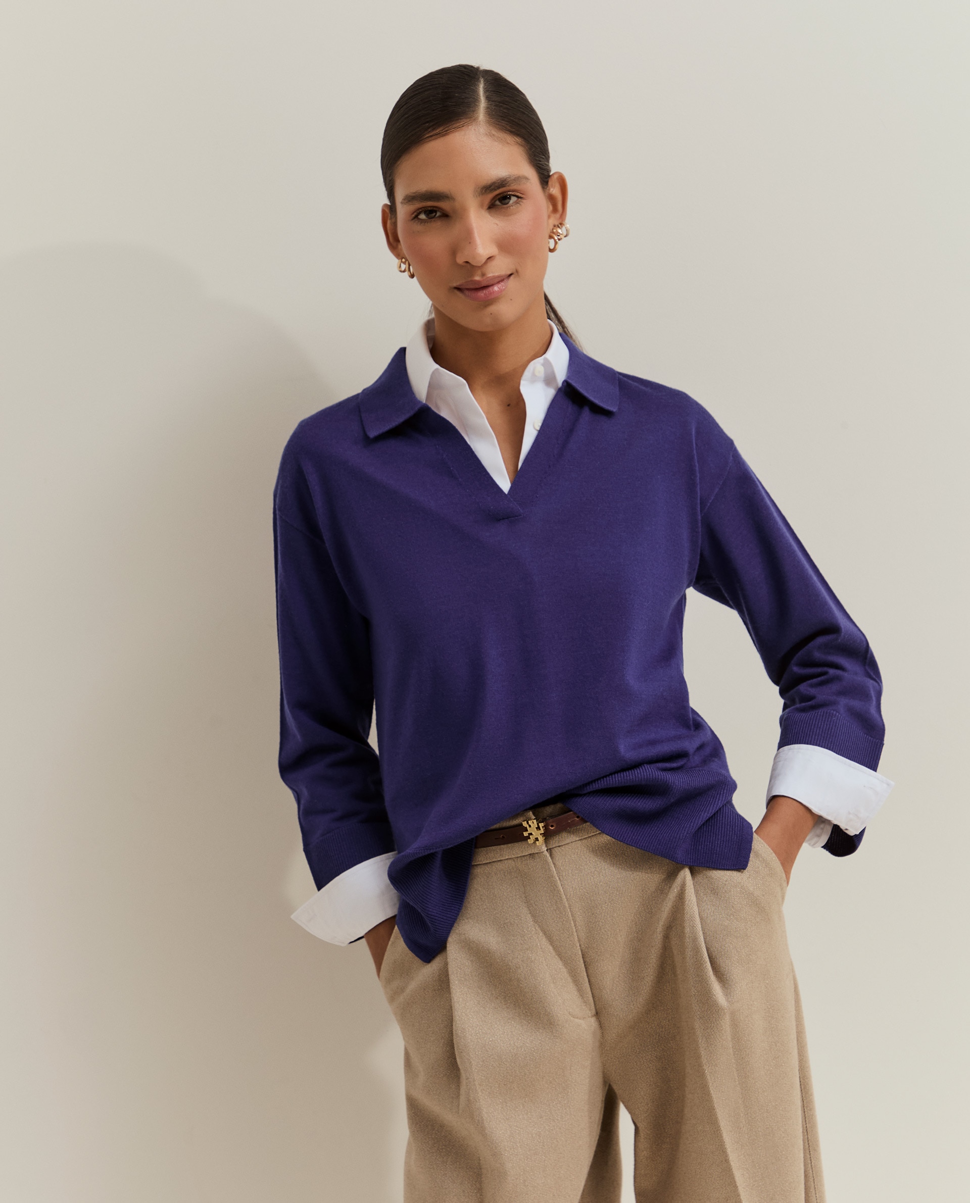 Camisola em Lã e Gola em V Roxo-2
