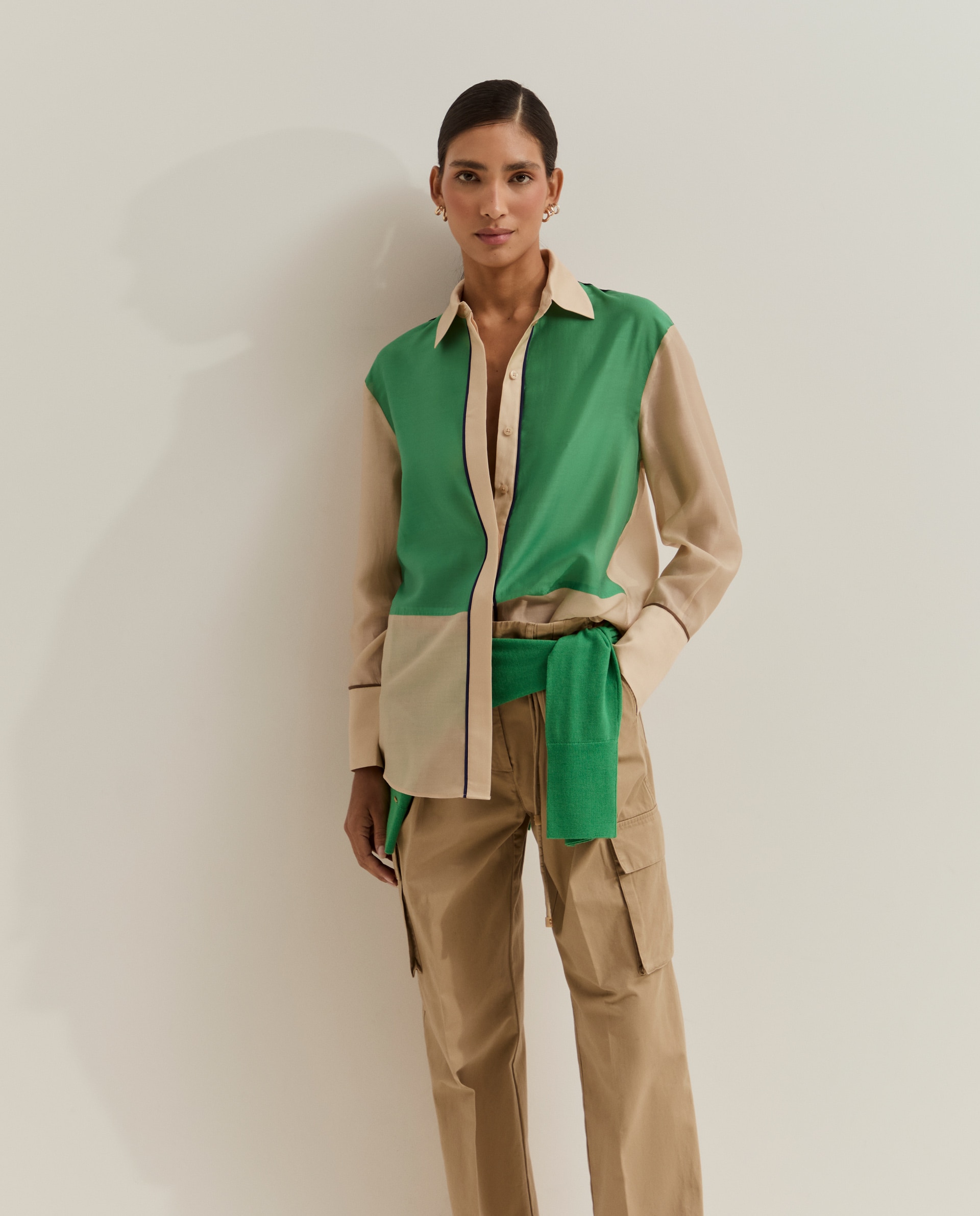 Camisa com Blocos de Cor em Lyocell Bege-4