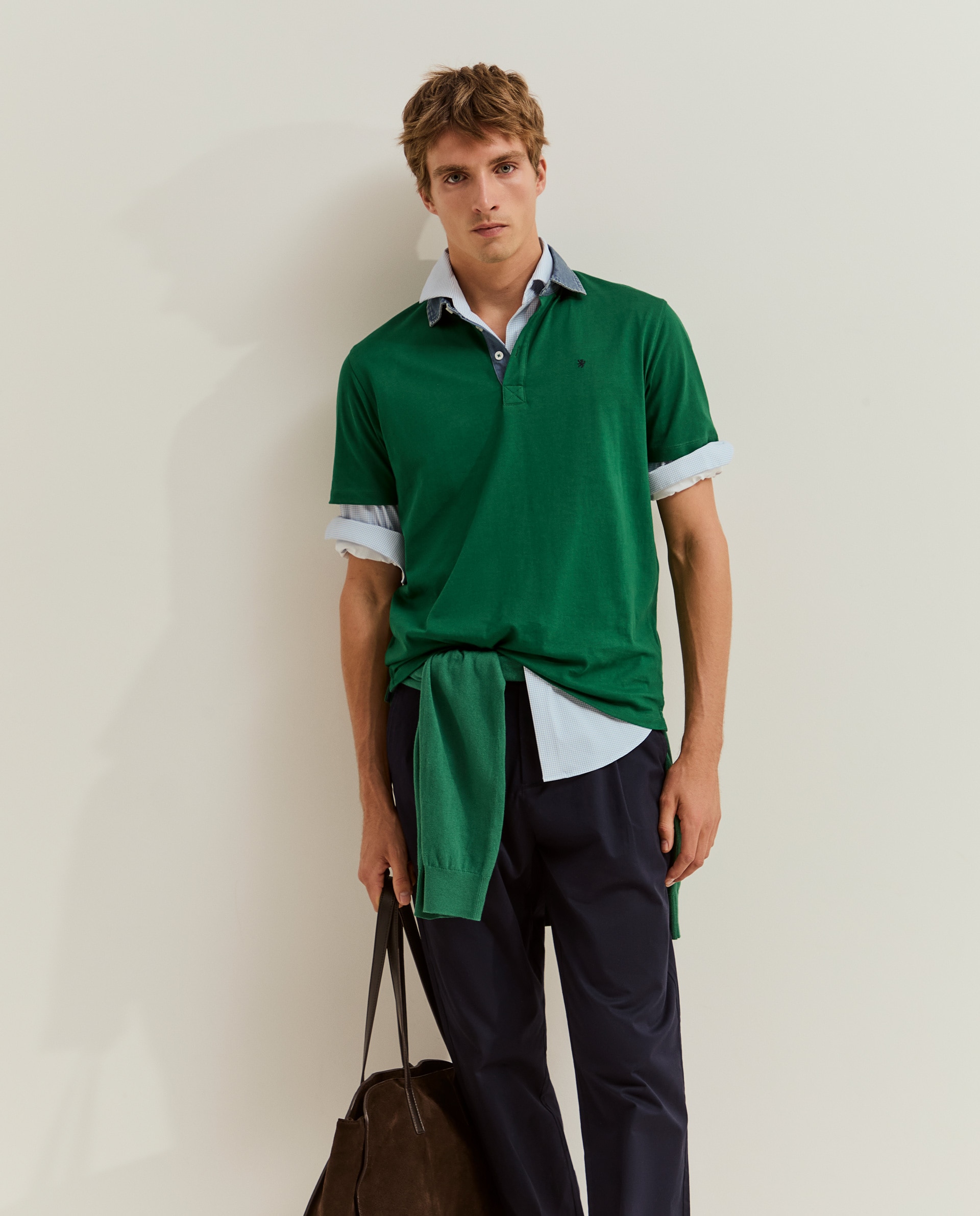Polo de Manga Curta em Algodão com Gola Jeans Verde-1