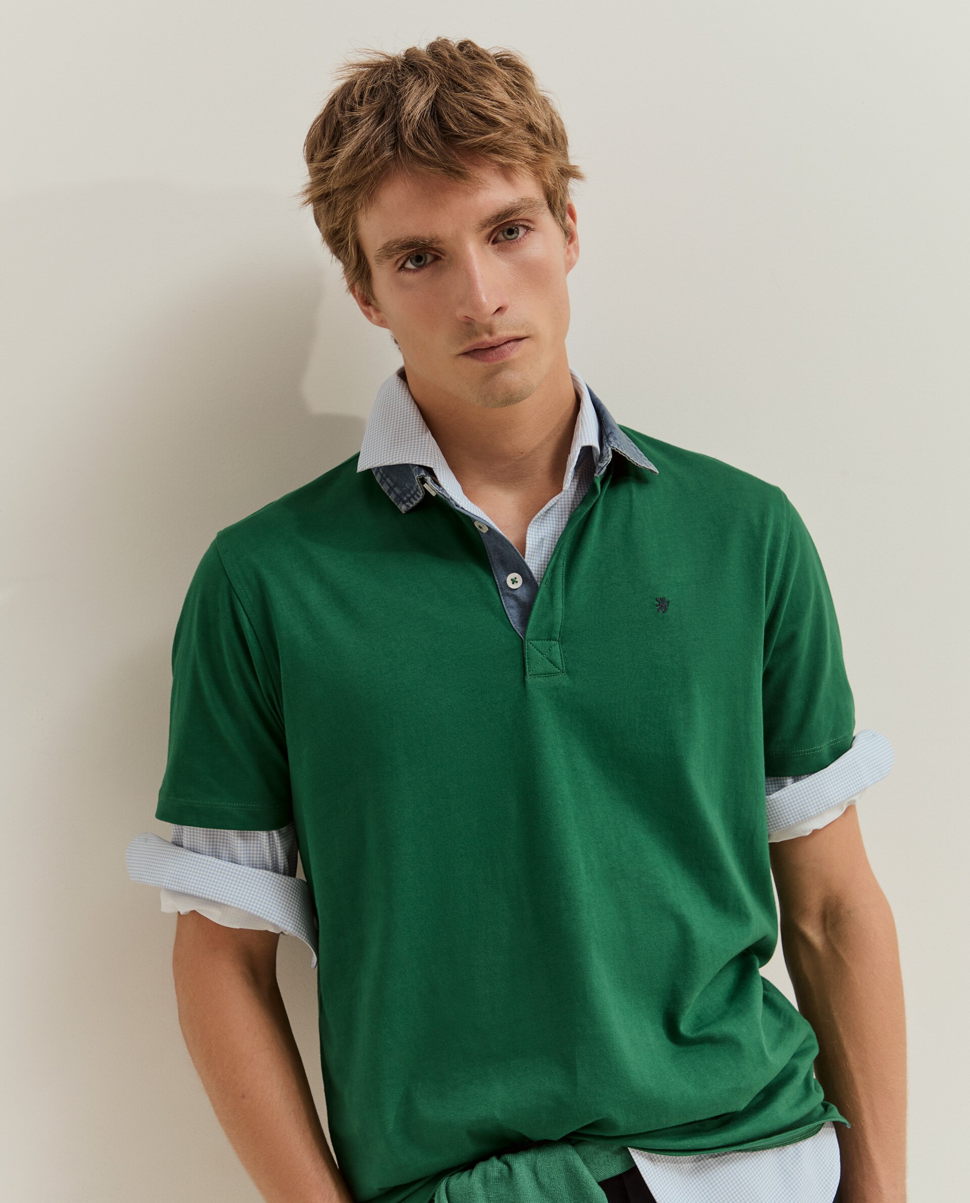 Polo de Manga Curta em Algodão com Gola Jeans Verde-2