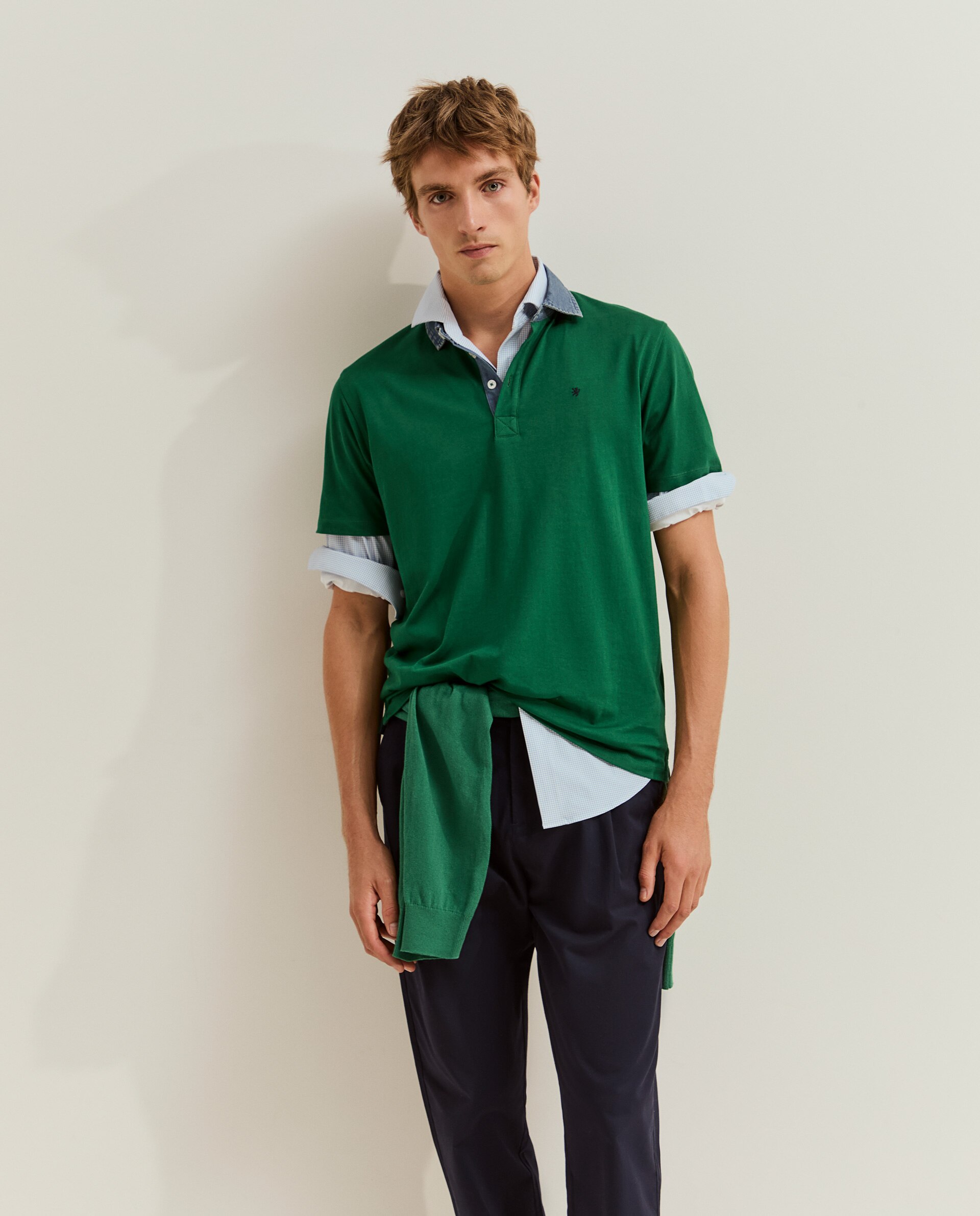 Polo de Manga Curta em Algodão com Gola Jeans Verde-4