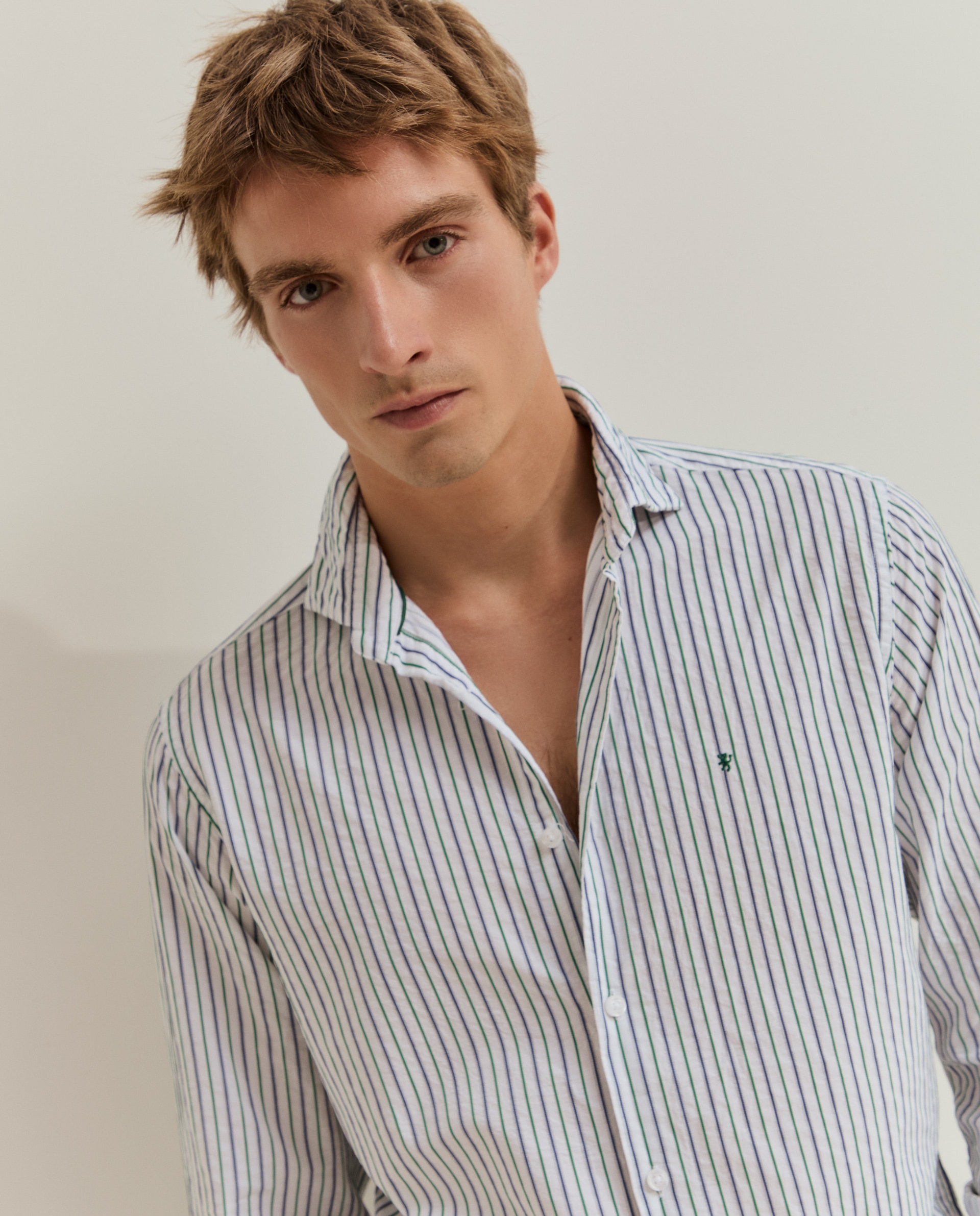 Camisa de Corte Regular Às Riscas Verde-2