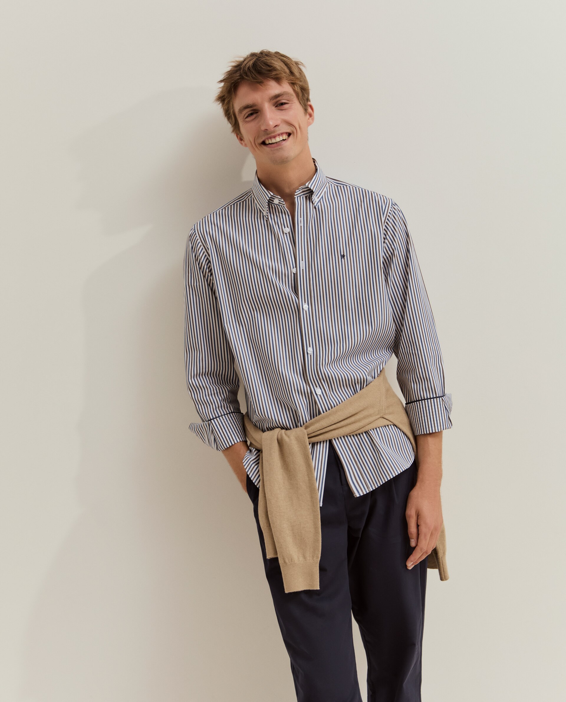 Camisa de Corte Regular Às Riscas Azul-4