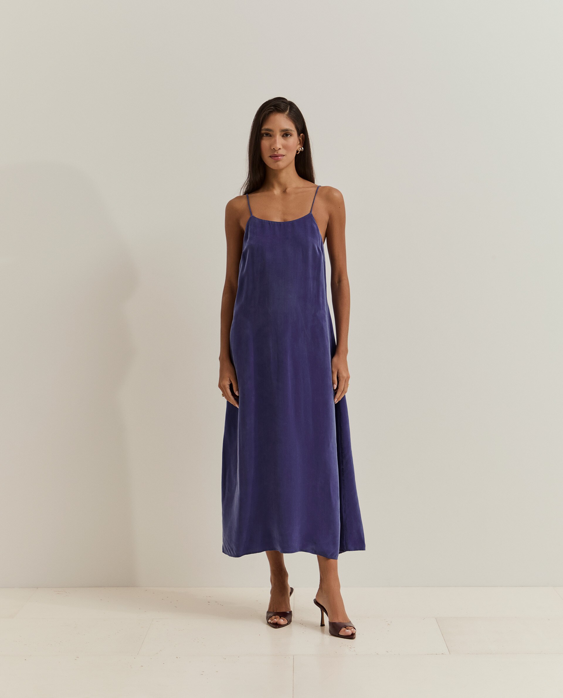 Vestido de Cupro com Alças Finas Azul-2
