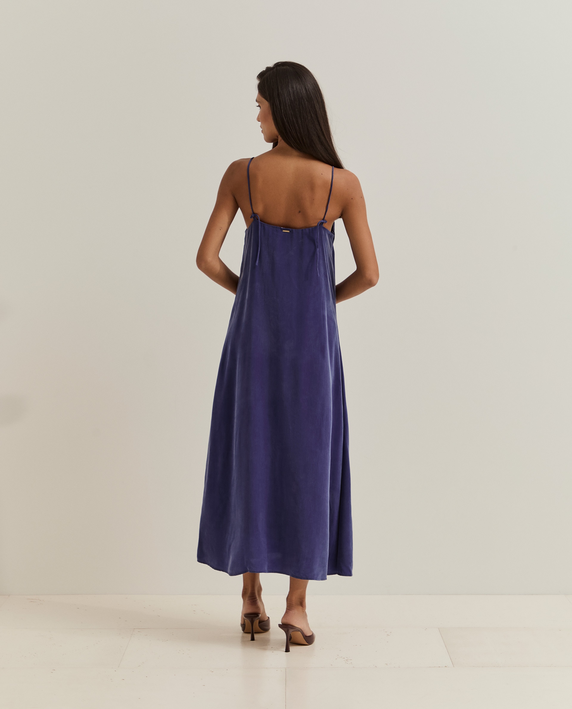 Vestido de Cupro com Alças Finas Azul-3