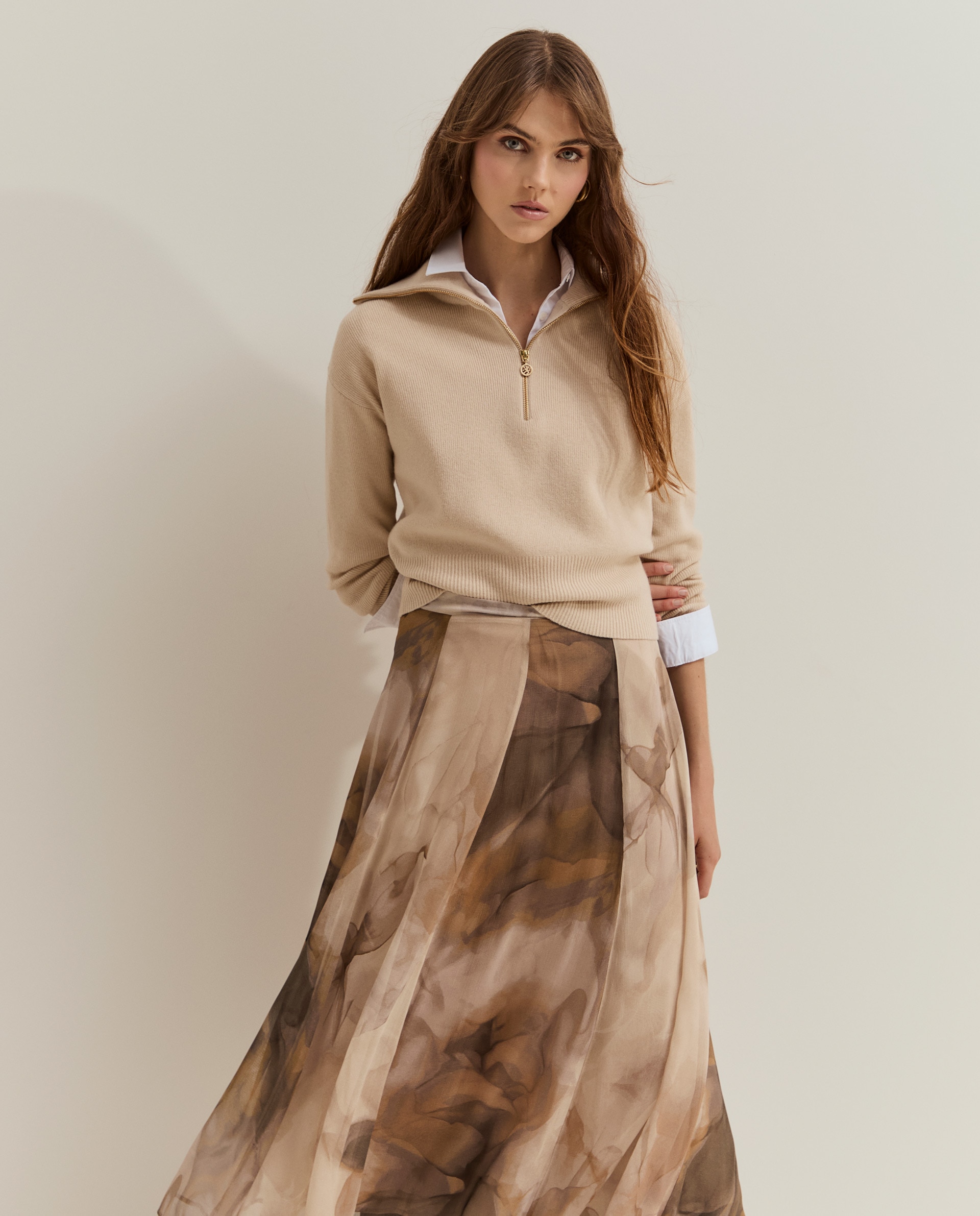 Saia Midi Estampada Bege-2