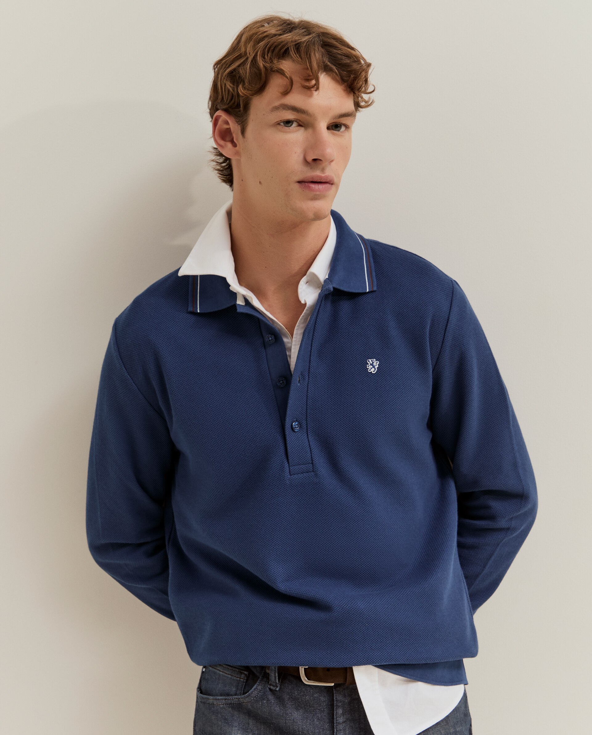 Polo de Manga Comprida em Piqué de Algodão Azul-2