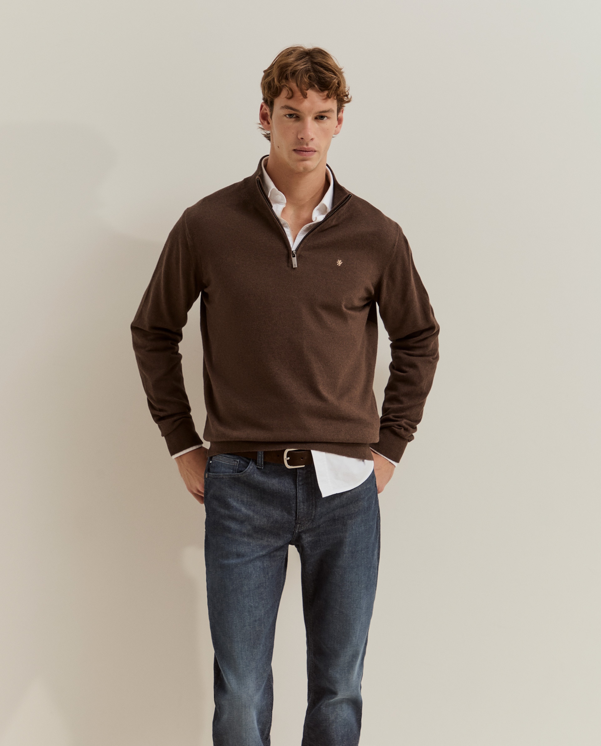 Camisola em Algodão com Fecho Zip Castanho-2