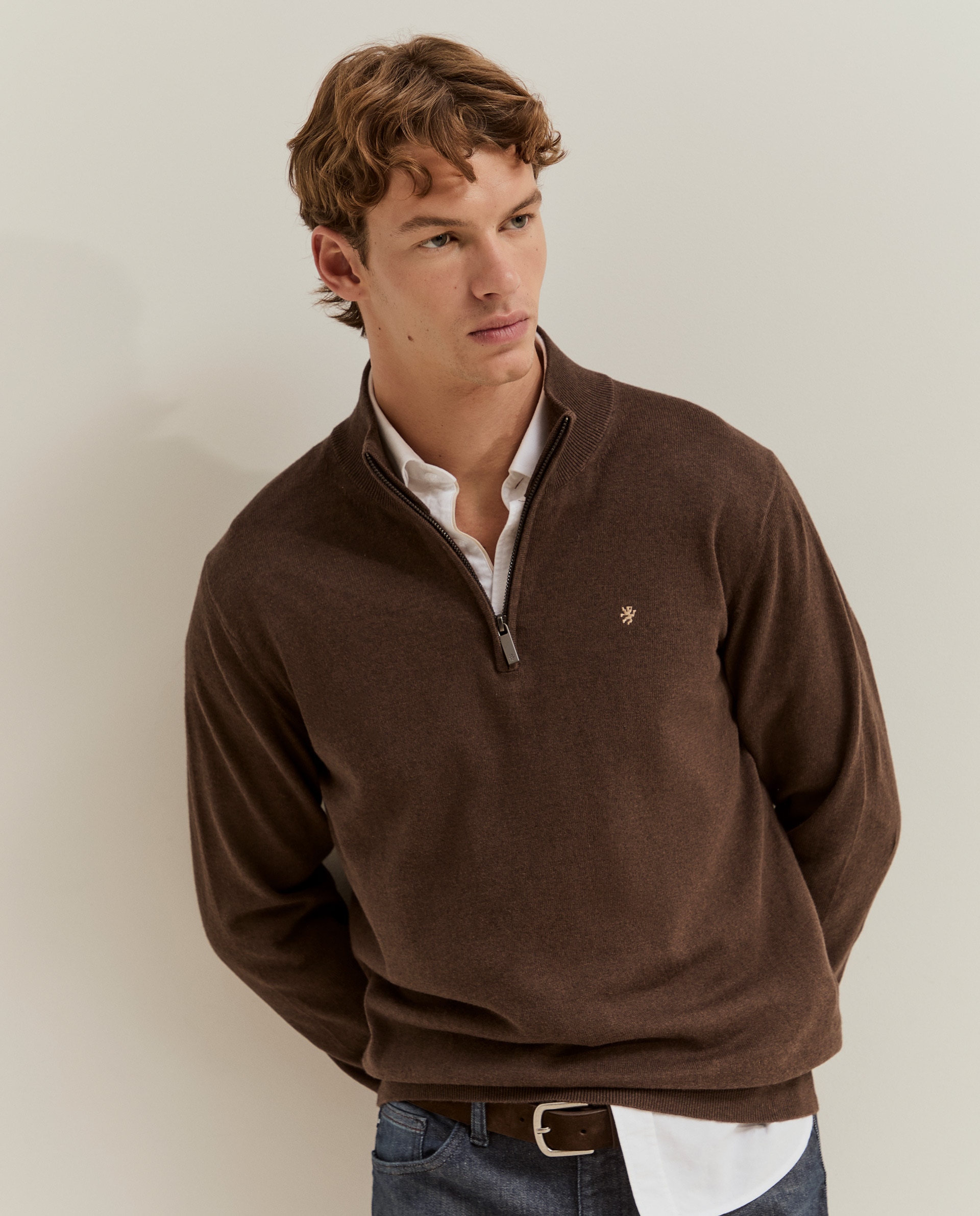 Camisola em Algodão com Fecho Zip Castanho-4
