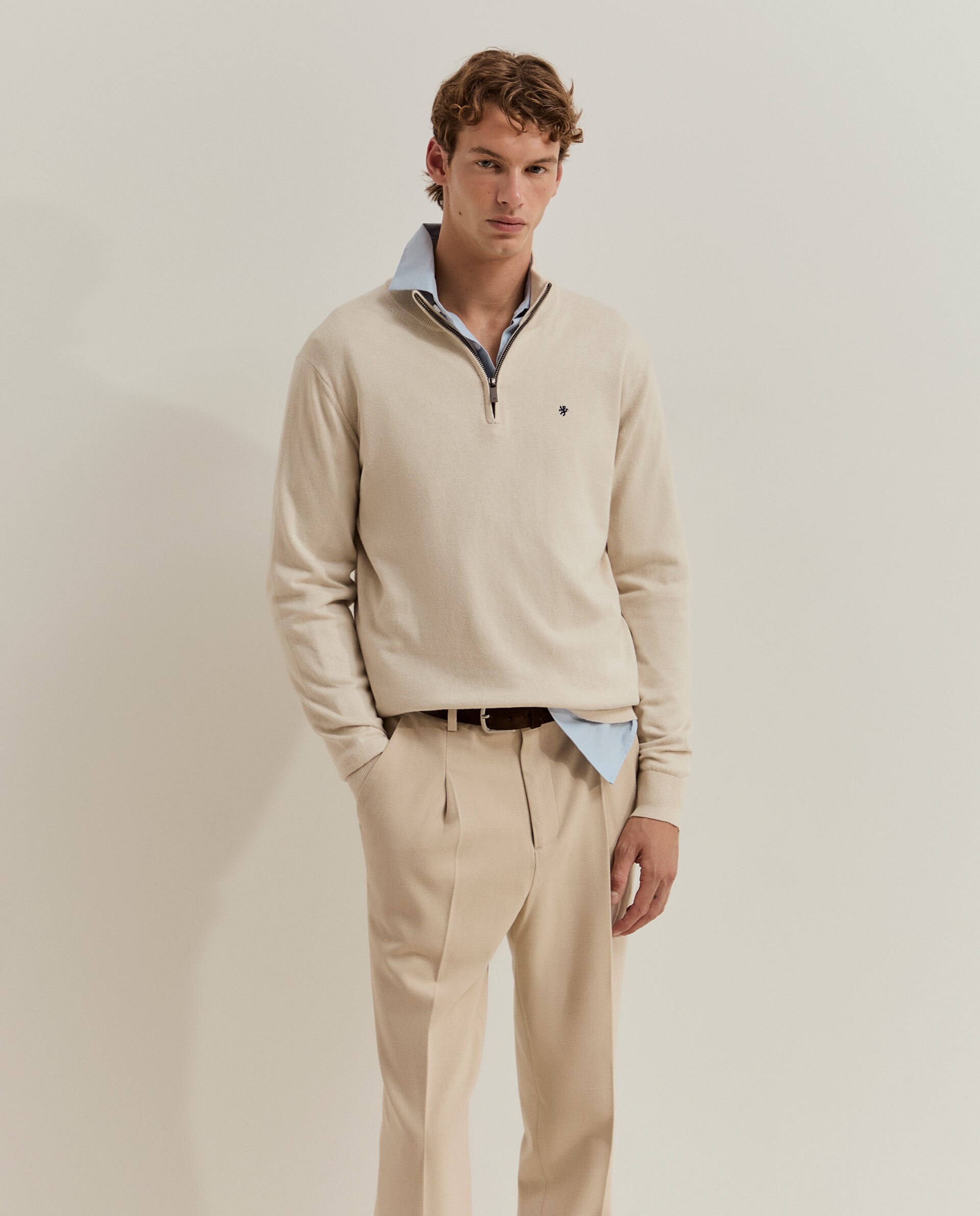 Camisola em Algodão com Fecho Zip Creme-4