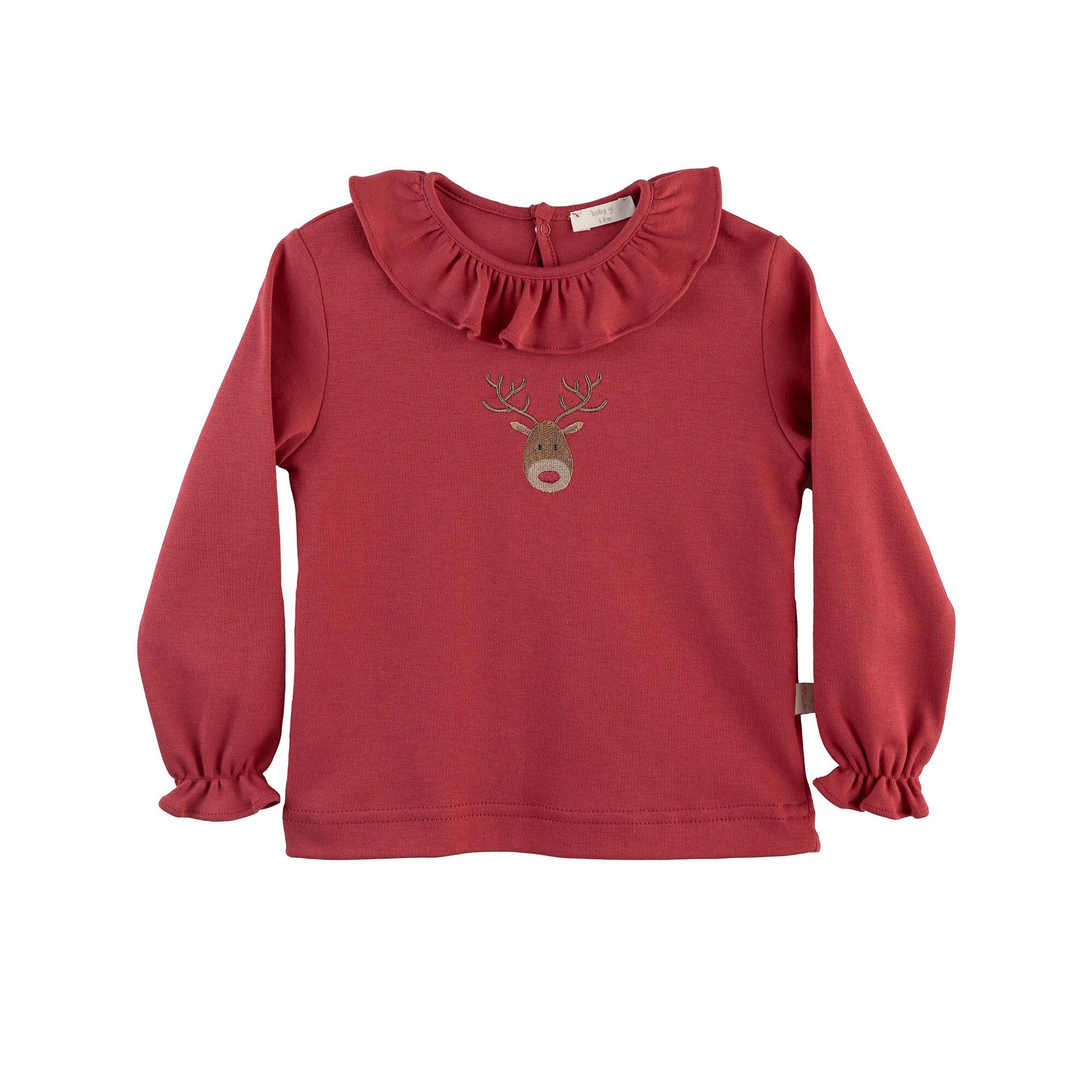 Camisola em Malha com Rena e Gola em Folho Vermelho-1