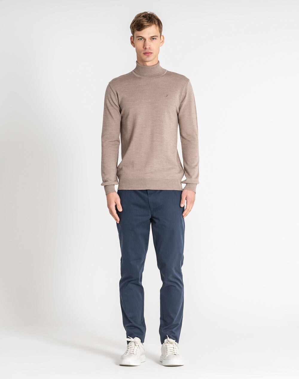 Camisola de gola alta 100% lã merino Bege-2