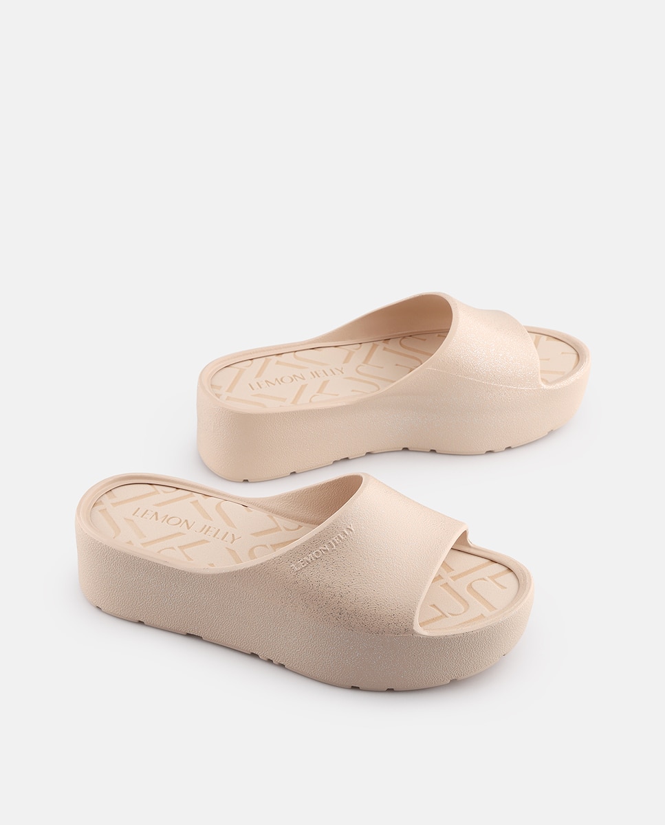 Chinelo de Plataforma Vegan FIORELLA em Bege Metalizado com Glitter Bege-3