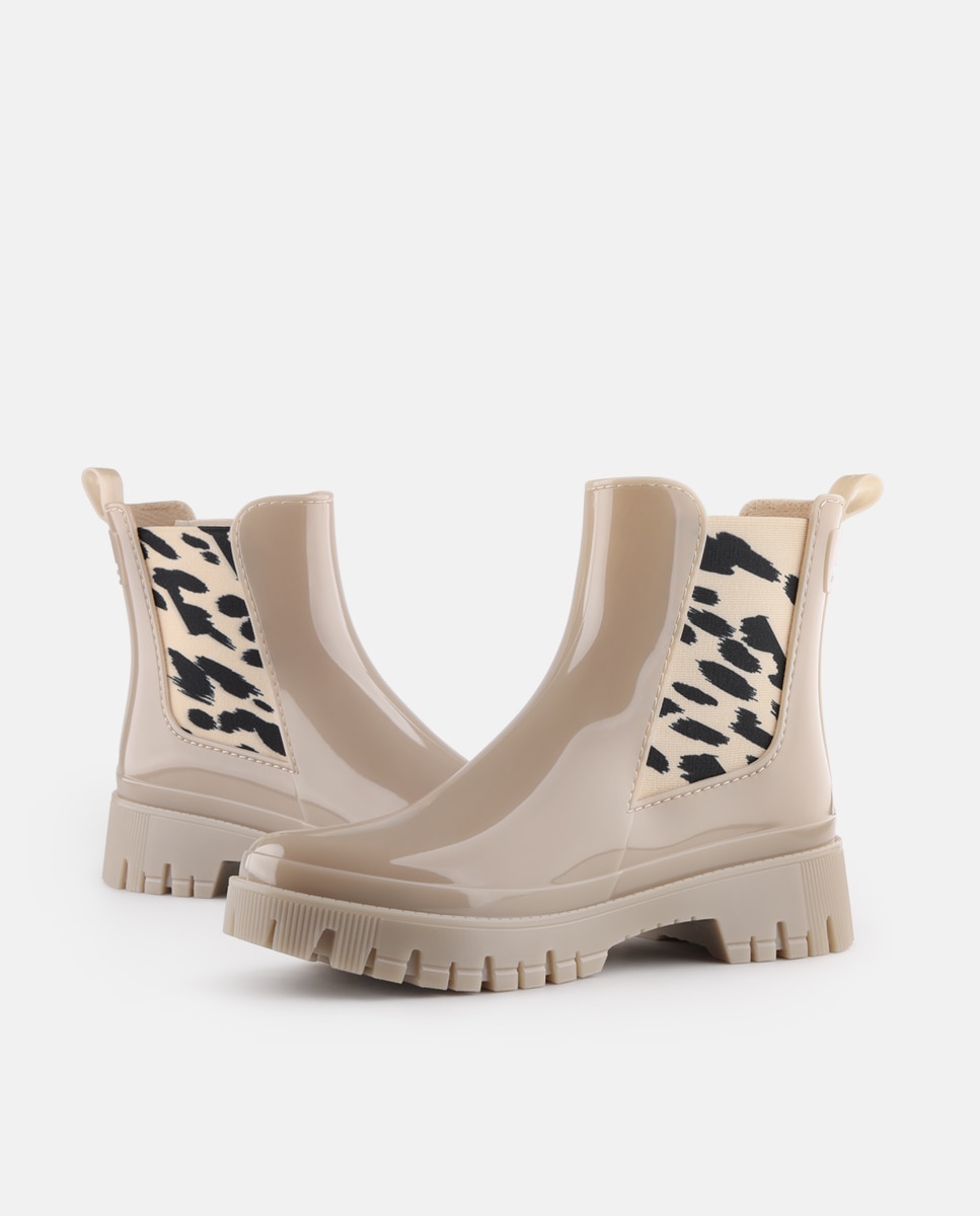 Botins Chelsea de Chuva Vegan com Elástico Estampado MAKIRA em Bege Bege-3