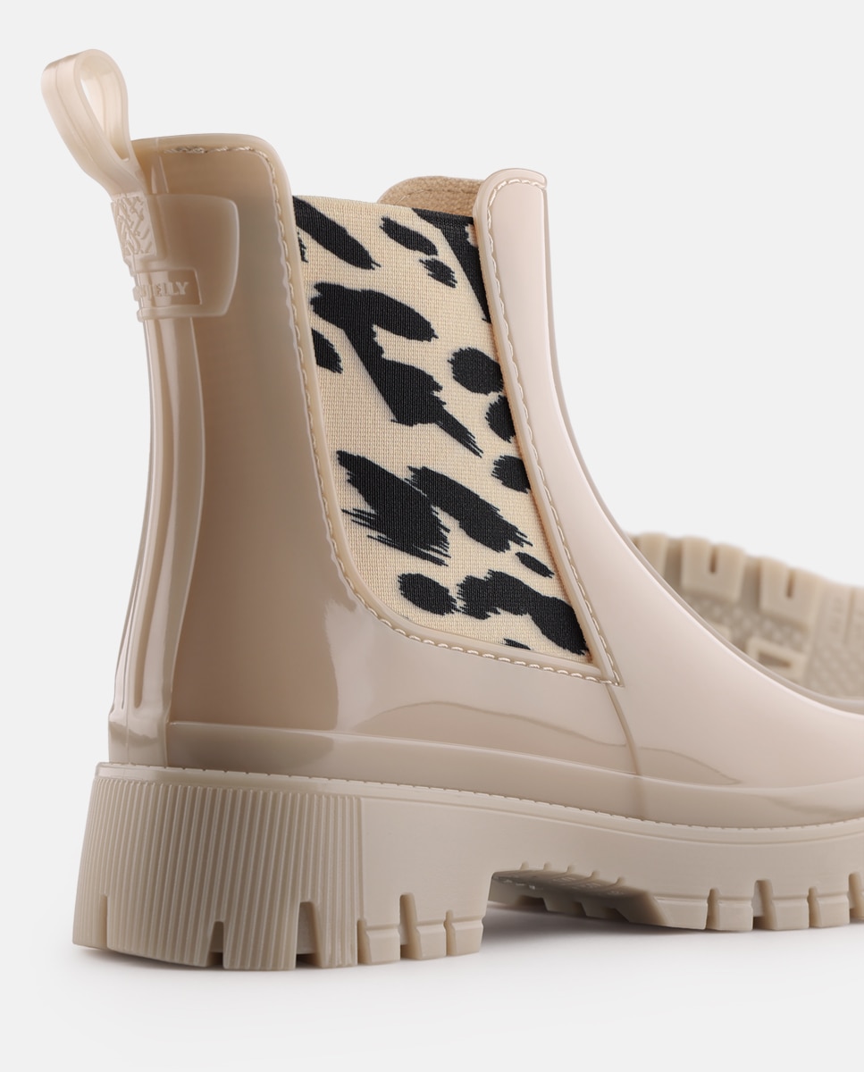 Botins Chelsea de Chuva Vegan com Elástico Estampado MAKIRA em Bege Bege-4