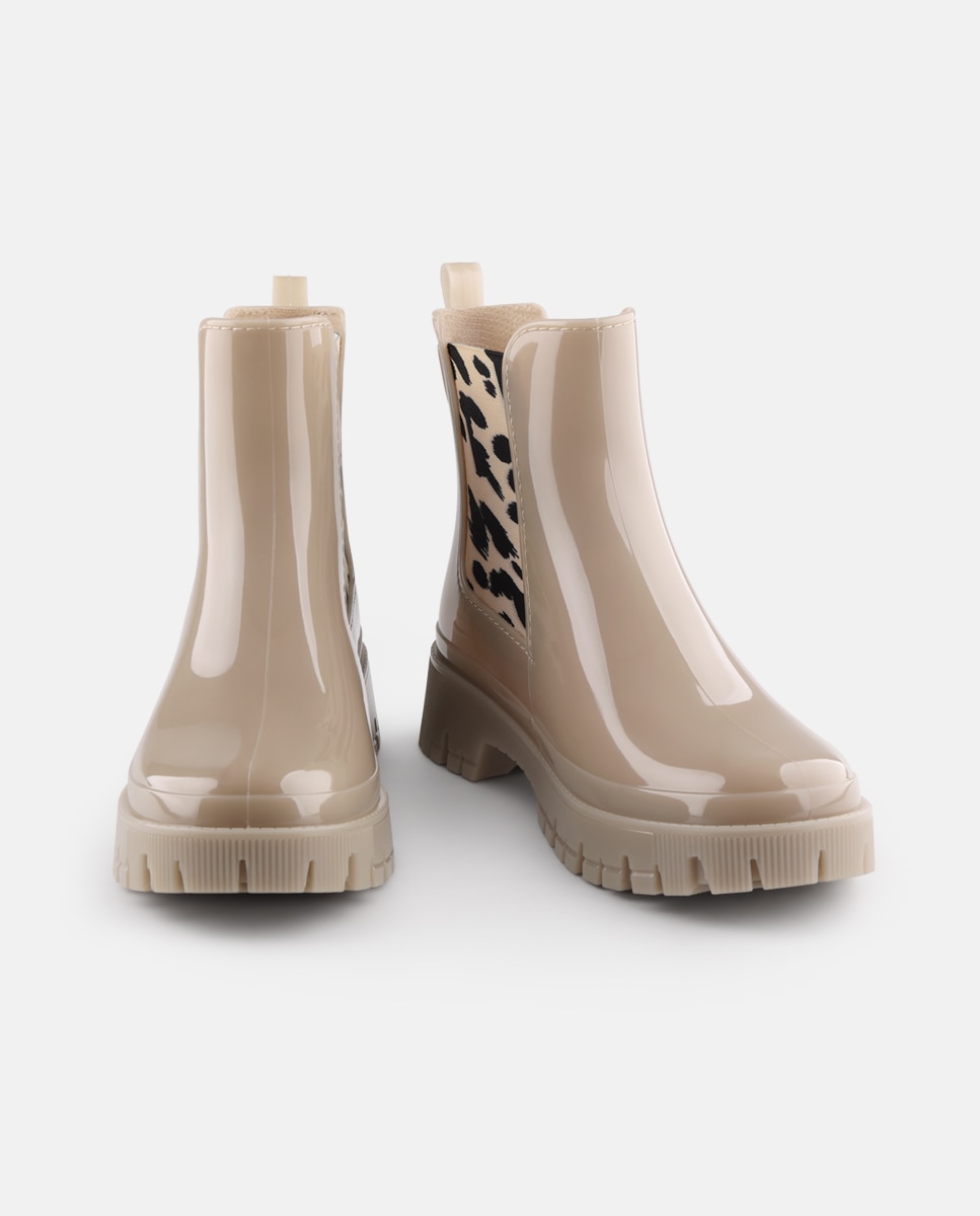 Botins Chelsea de Chuva Vegan com Elástico Estampado MAKIRA em Bege Bege-5