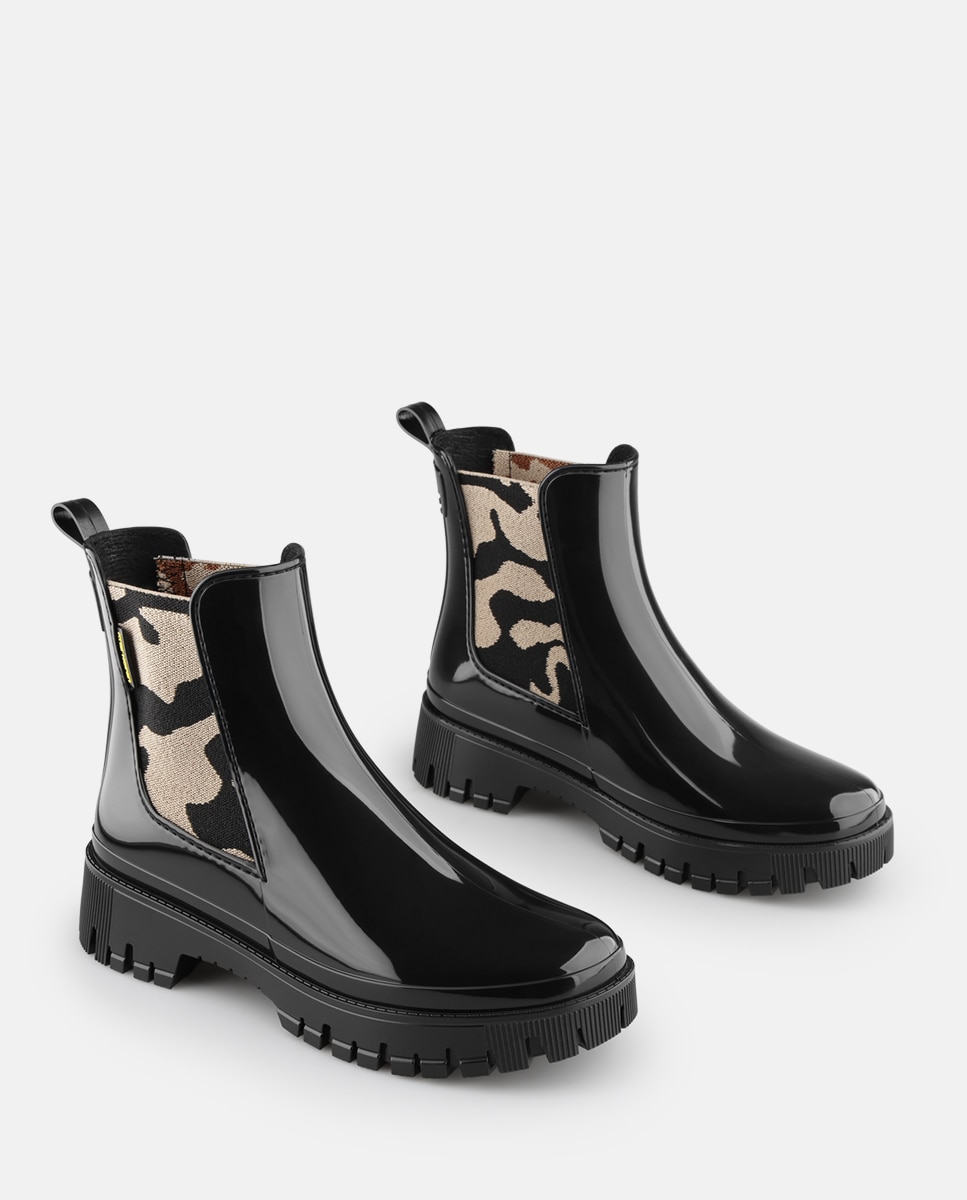 Botins de Chuva Vegan com Elástico Estampado MYLO em Preto Preto-3