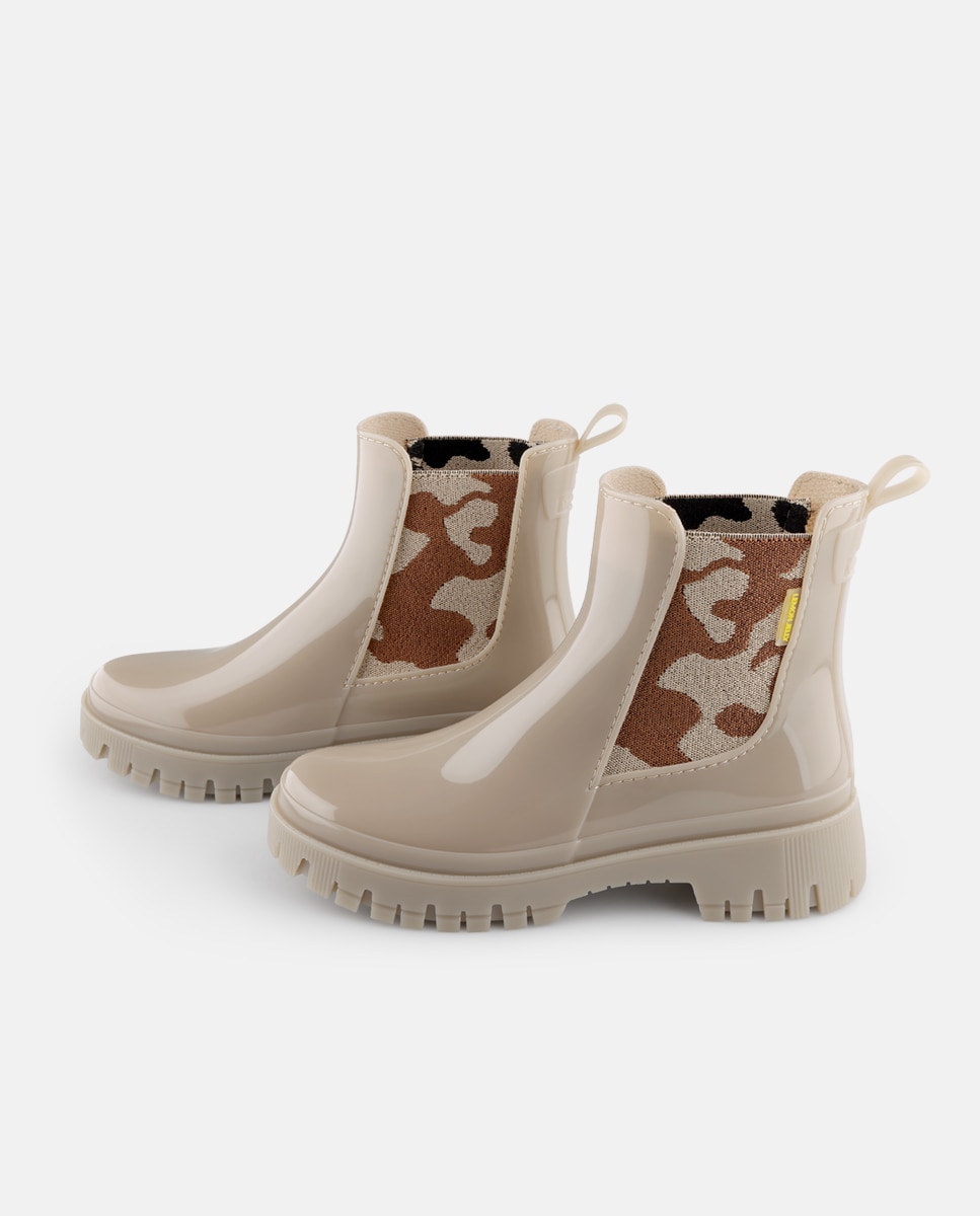 Botins de Chuva Vegan com Elástico Estampado MYLO em Bege Bege-3