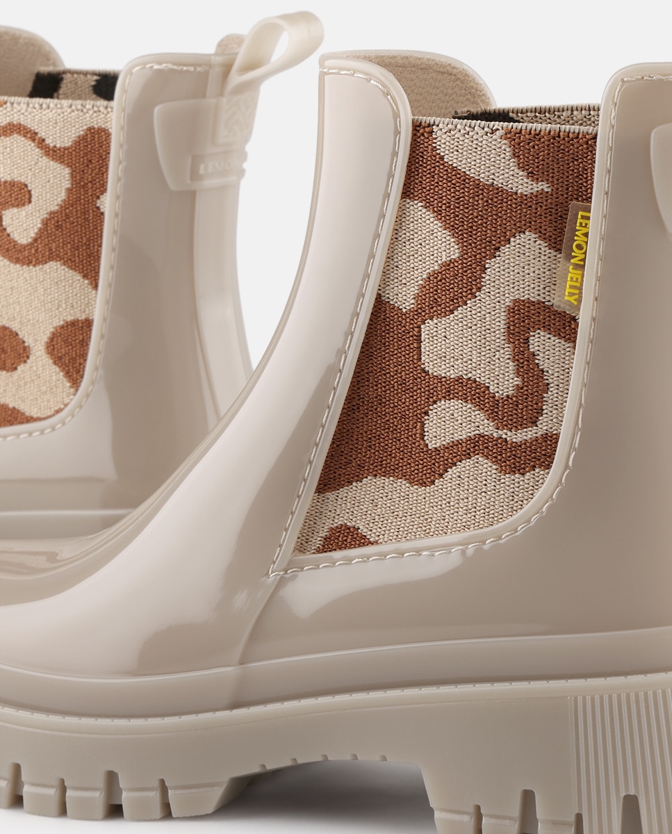 Botins de Chuva Vegan com Elástico Estampado MYLO em Bege Bege-4