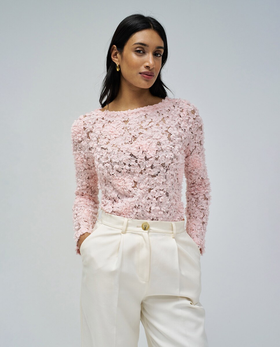 Camisola Texturizada com Flores Rosa-claro-1