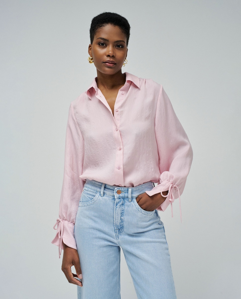 Camisa Assimétrica com Laço nos Punhos Rosa-1