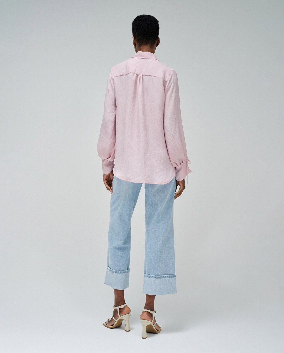 Camisa Assimétrica com Laço nos Punhos Rosa-3