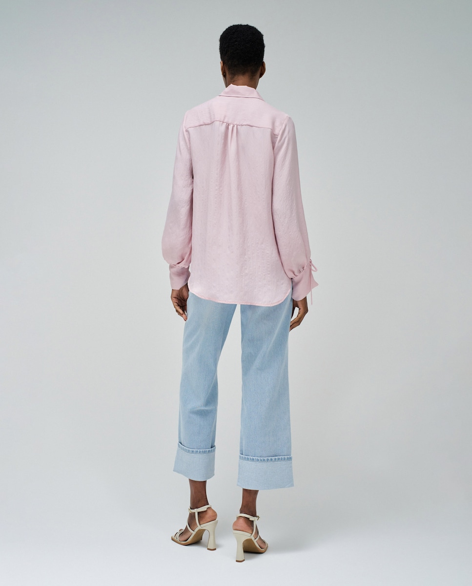 Camisa Assimétrica com Laço nos Punhos Rosa-3