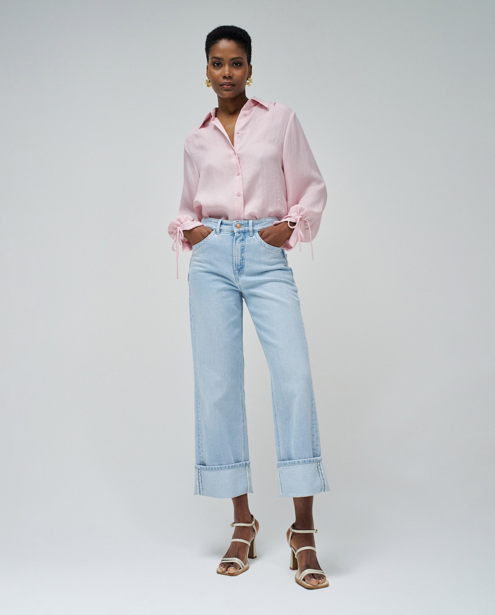 Camisa Assimétrica com Laço nos Punhos Rosa-5