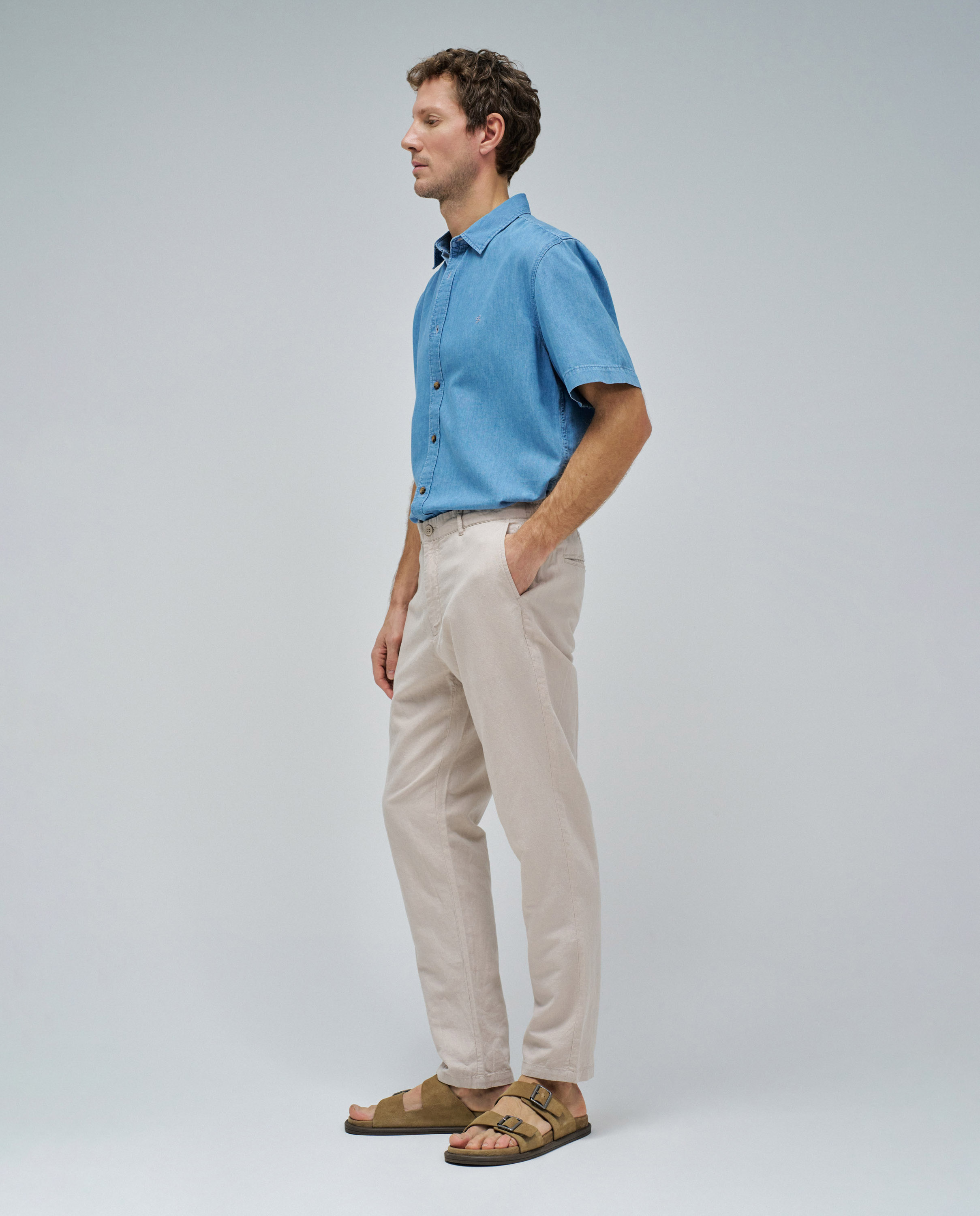 Calças Chino Regular com Mescla de Linho Creme-3