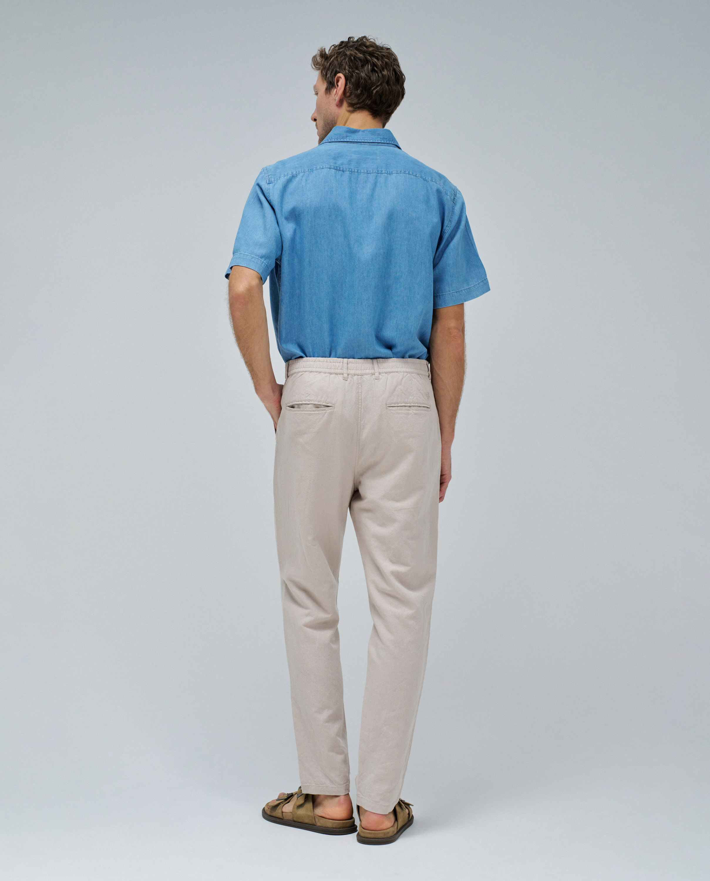 Calças Chino Regular com Mescla de Linho Creme-4