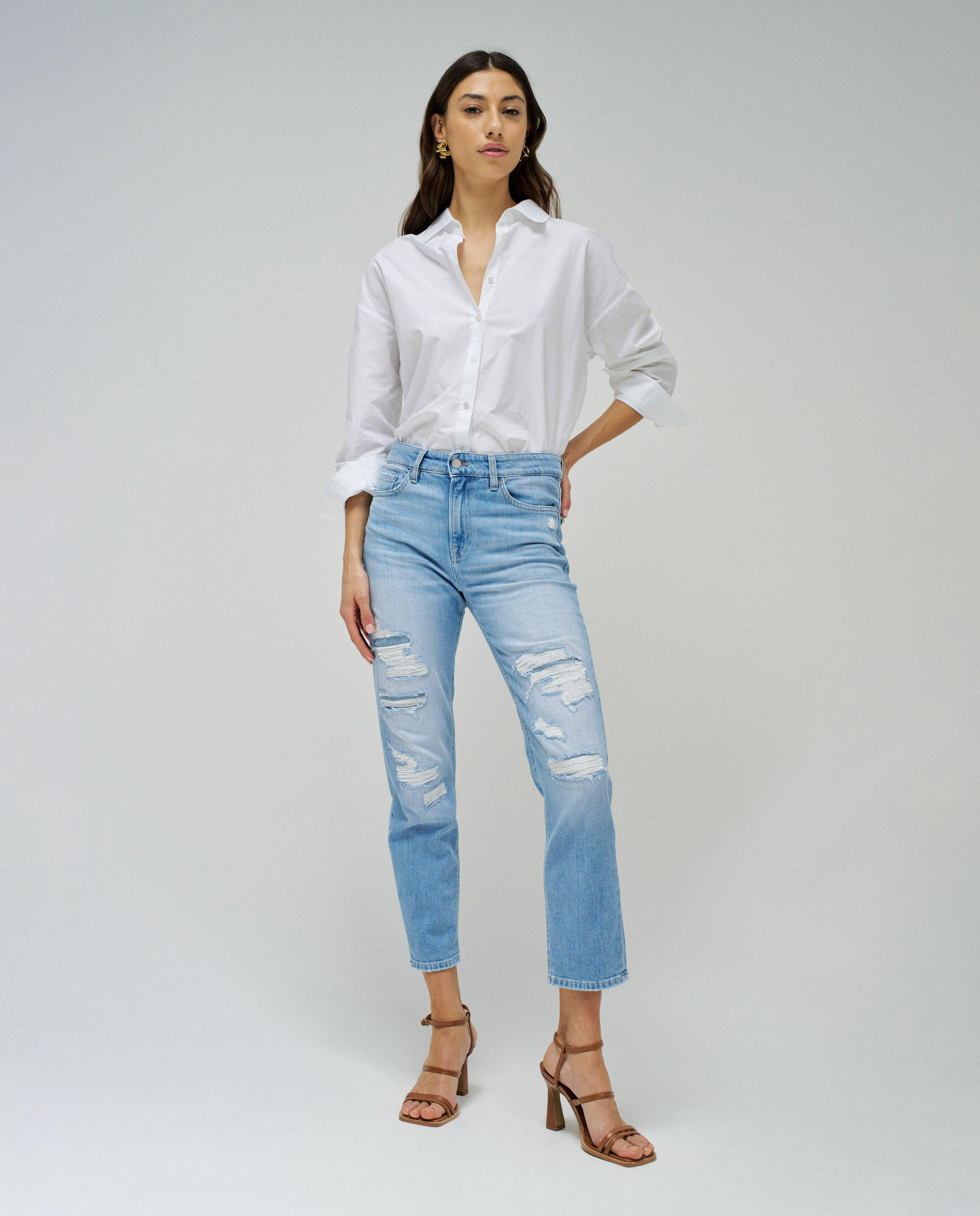 Jeans True Cropped Slim com Rasgões Azul-claro-1