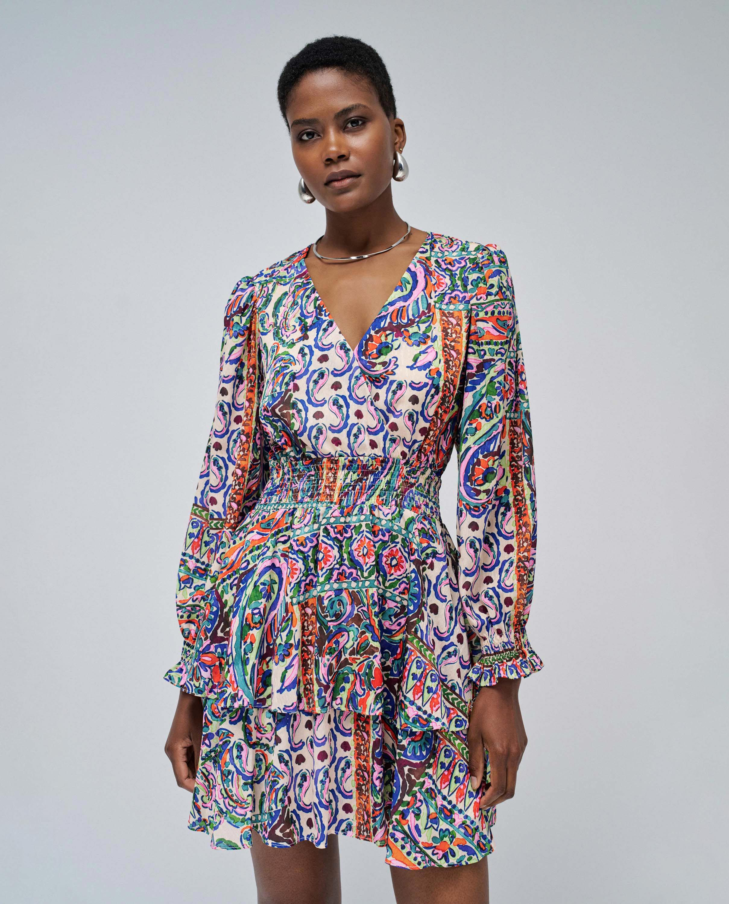 Vestido Curto com Estampado e Folhos Multicolor-1