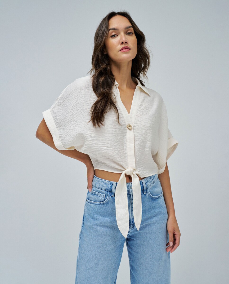 Camisa com Laço na Bainha Natural-1