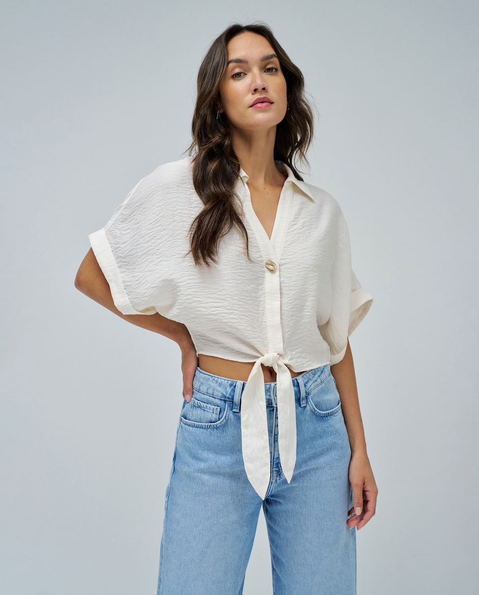 Camisa com Laço na Bainha Natural-1