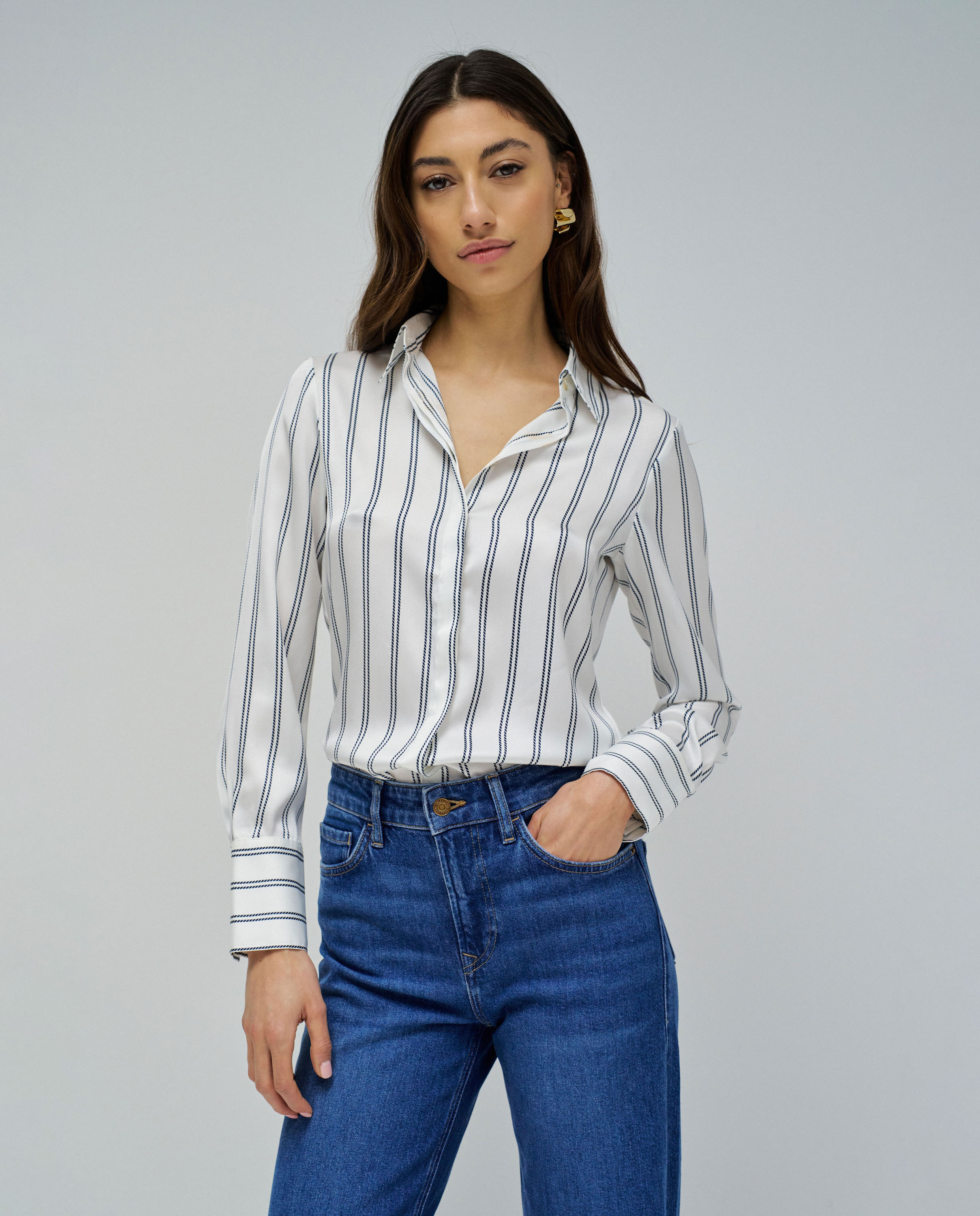 Camisa às Riscas de Manga Comprida Azul-1