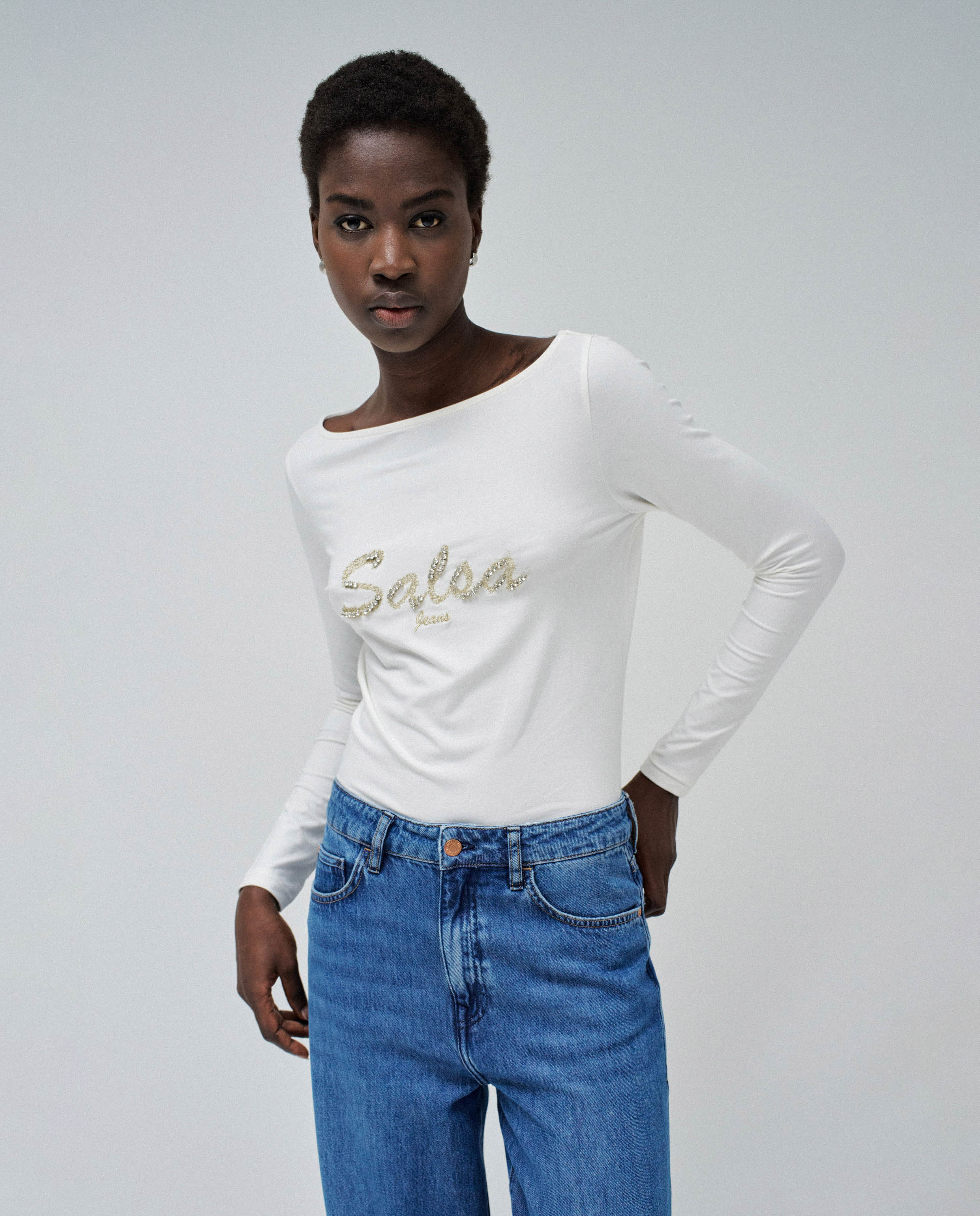 T-shirt de Manga Comprida com Logo Branco-1
