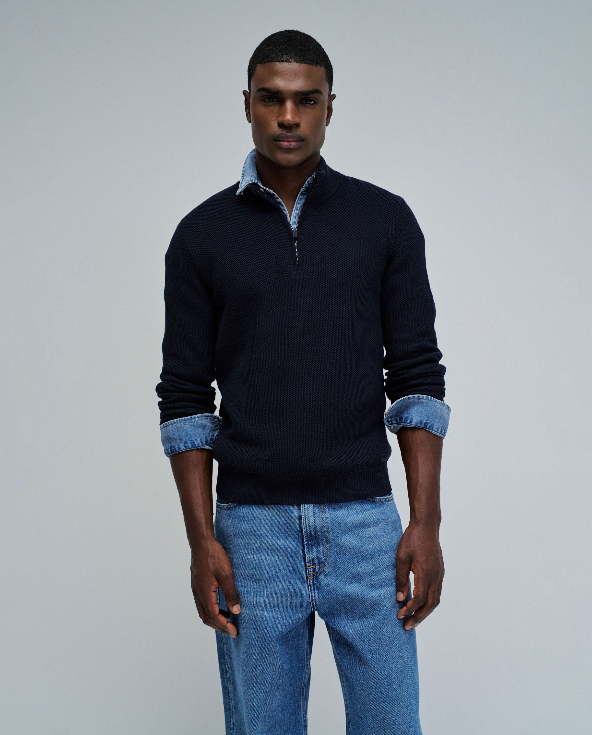 Camisola de Malha com Meio Fecho Azul-marinho-1